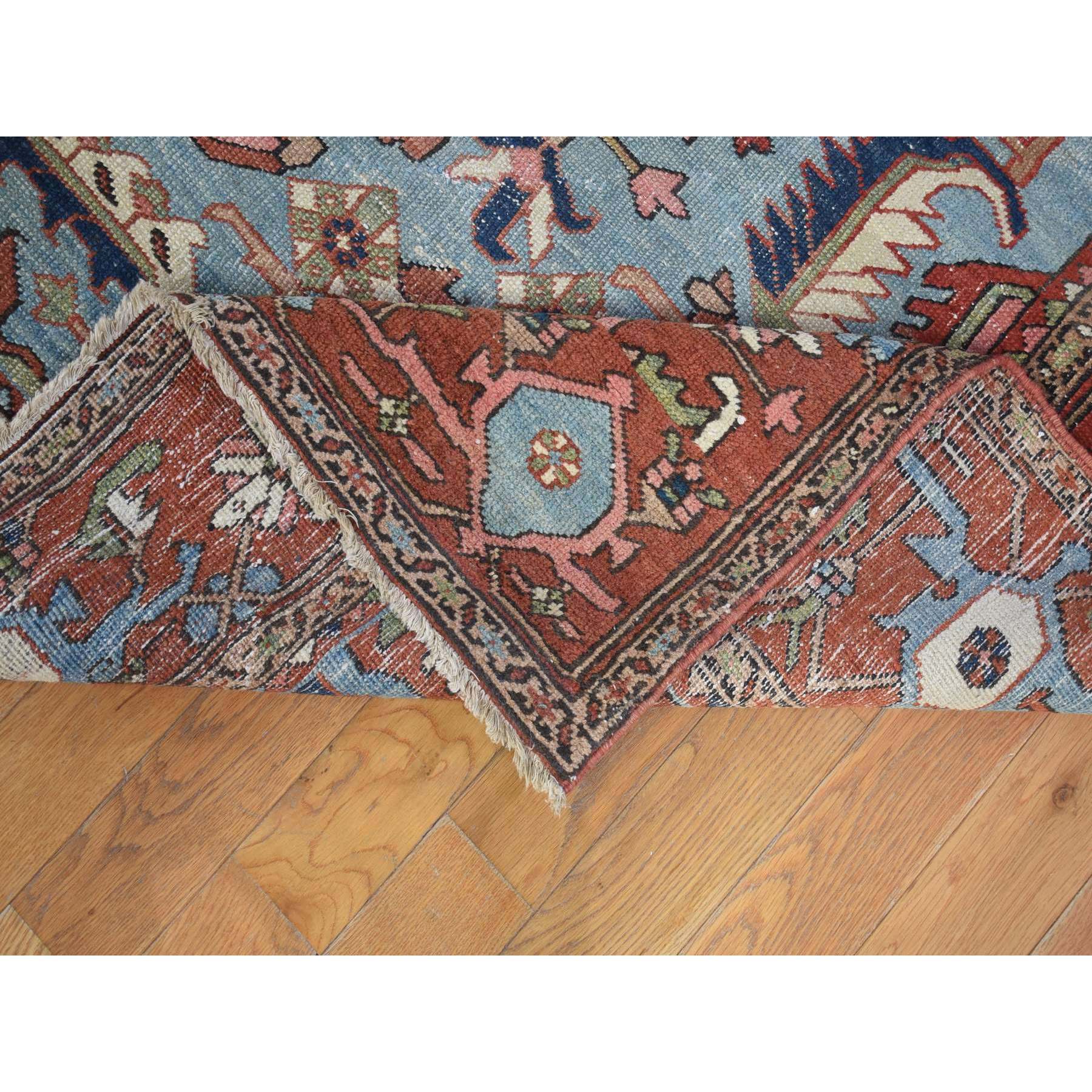 8'7"x12' Terracotta Red with Light Blue Corners, Antique Persian Serapi Heriz Abrash Flower Medallion, Clean Good Condition Evenly Worn Hand Knotted Pure Wool Oriental Rug Sh80052