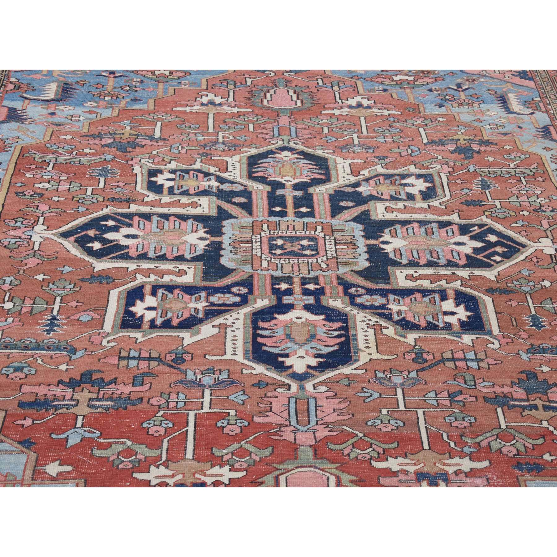 8'7"x12' Terracotta Red with Light Blue Corners, Antique Persian Serapi Heriz Abrash Flower Medallion, Clean Good Condition Evenly Worn Hand Knotted Pure Wool Oriental Rug Sh80052