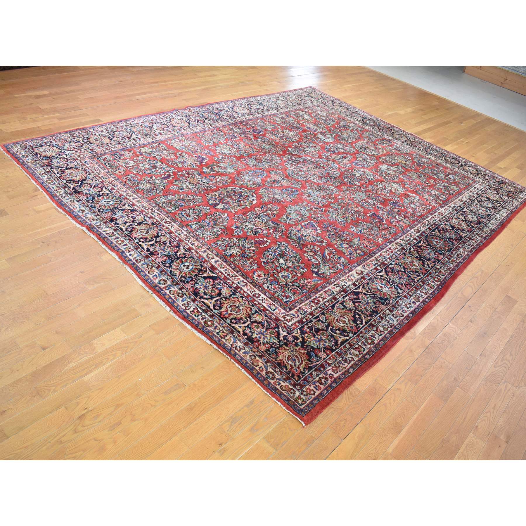 10'5"x13'7" Tomato Red, Antique Persian Sarouk with Flower Bouquet Design, Full Pile Soft and Clean Mint Condition, Hand Knotted 100% Wool Oriental Rug Sh80054
