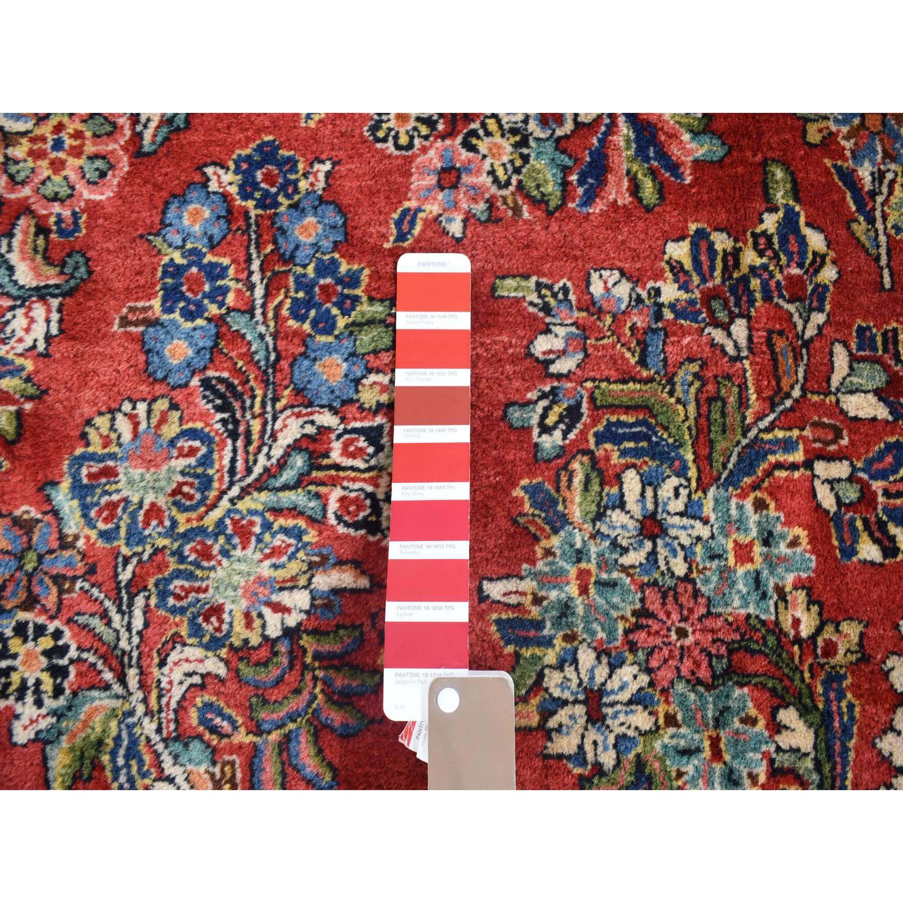 10'5"x13'7" Tomato Red, Antique Persian Sarouk with Flower Bouquet Design, Full Pile Soft and Clean Mint Condition, Hand Knotted 100% Wool Oriental Rug Sh80054