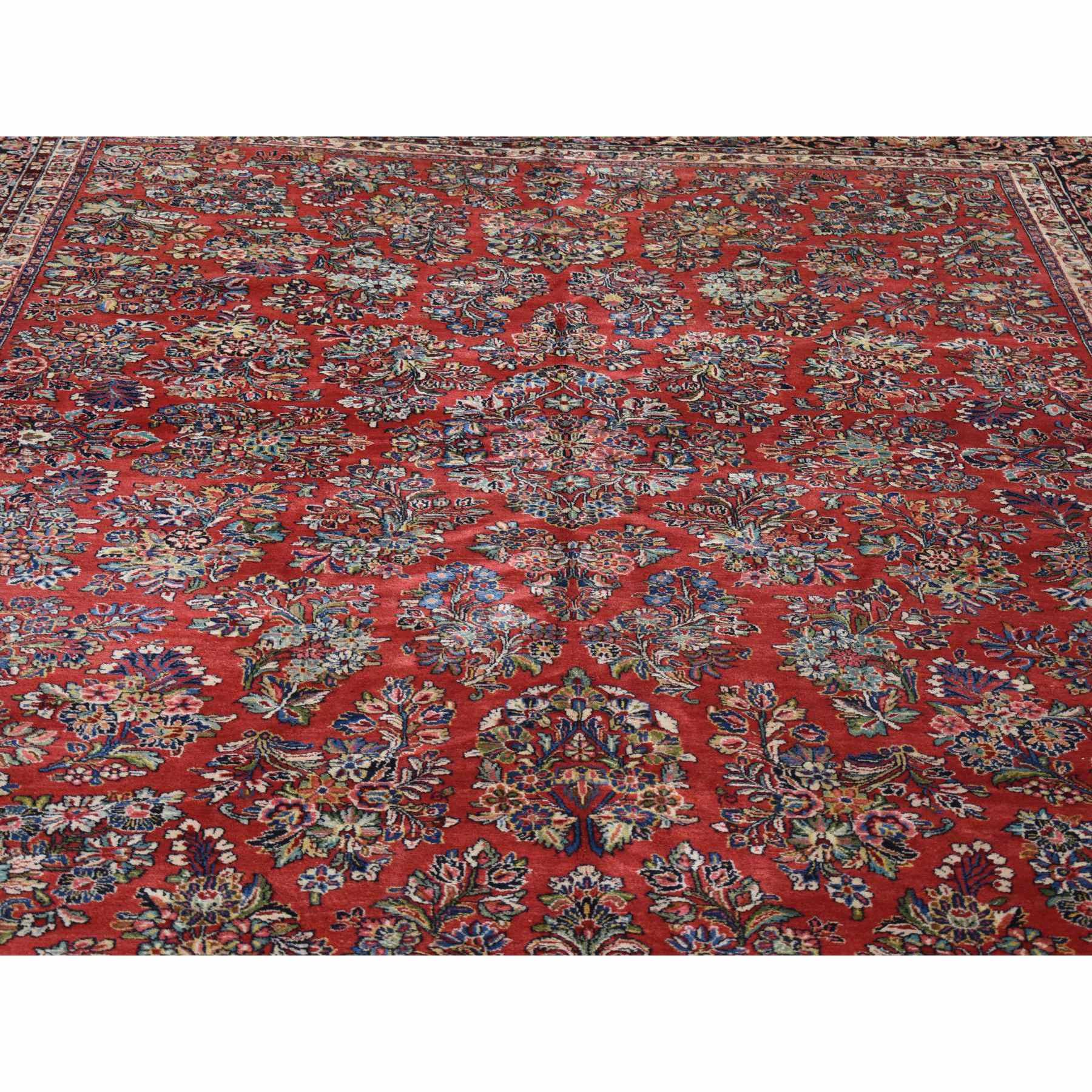 10'5"x13'7" Tomato Red, Antique Persian Sarouk with Flower Bouquet Design, Full Pile Soft and Clean Mint Condition, Hand Knotted 100% Wool Oriental Rug Sh80054