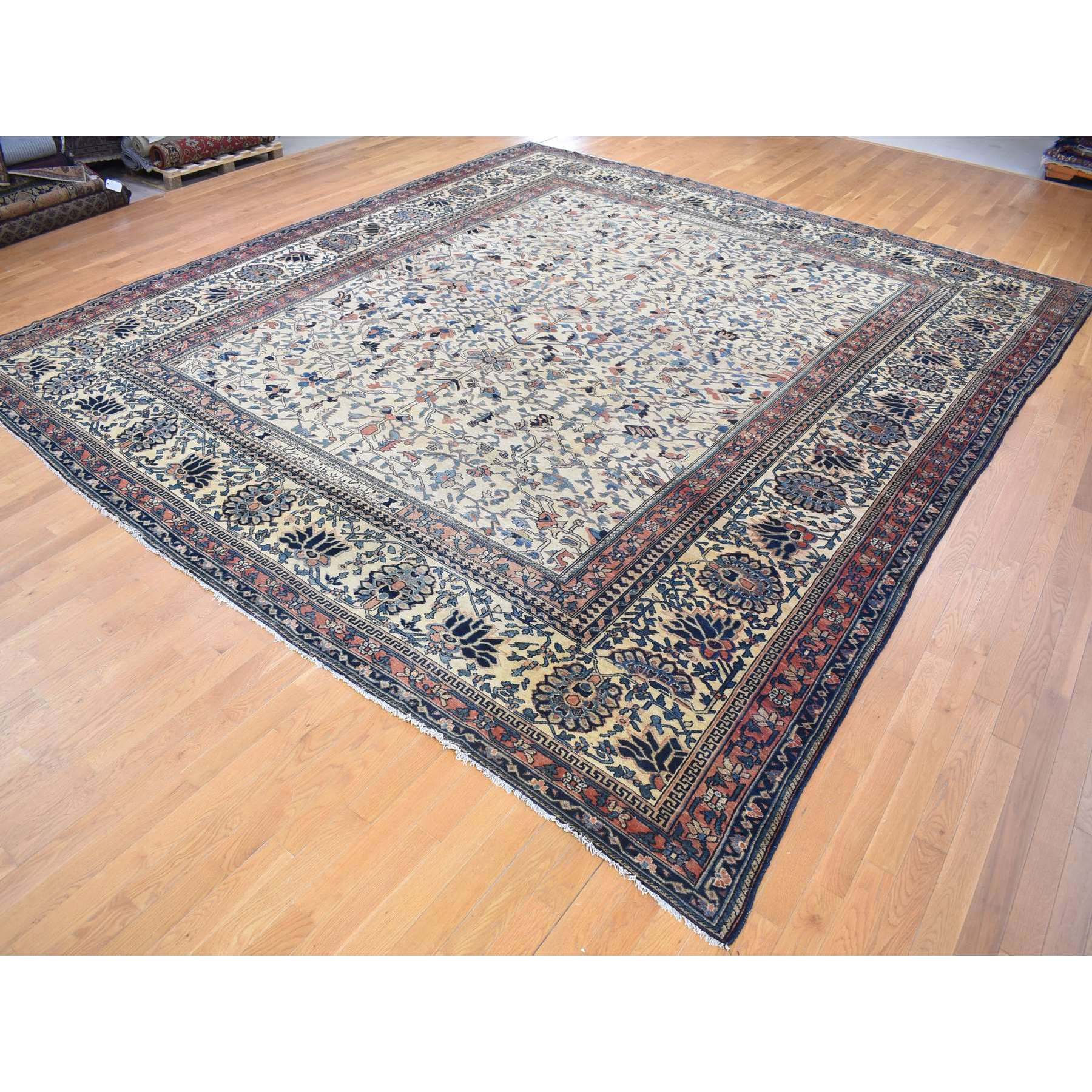 14'3"x15'7" Ivory, Antique Persian Bakhtiar with Rare All Over Design, Excellent Condition Hand Knotted Pure Wool, Signed by Kashan Carpets, Large Squarish Oversized Oriental Rug Sh80055