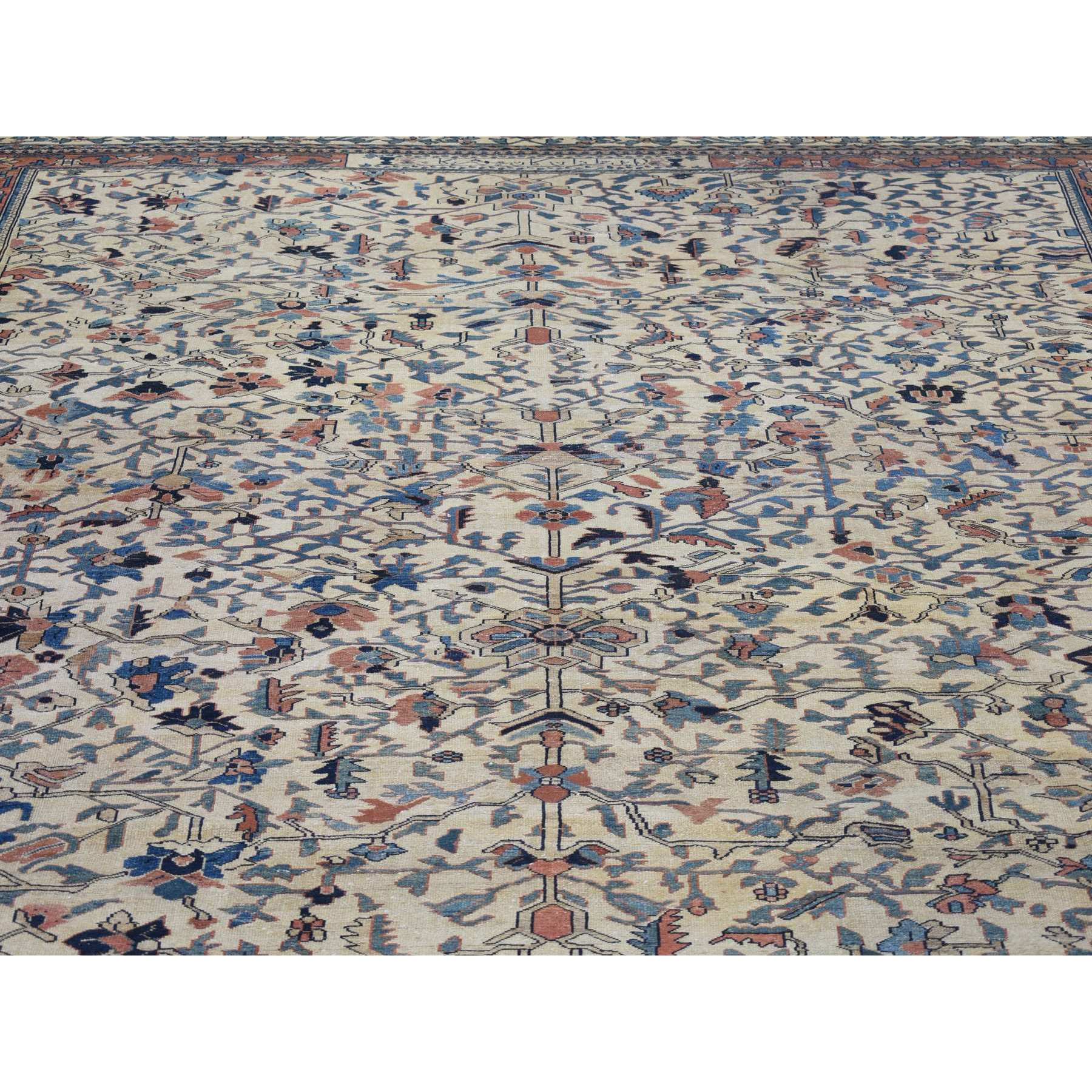 14'3"x15'7" Ivory, Antique Persian Bakhtiar with Rare All Over Design, Excellent Condition Hand Knotted Pure Wool, Signed by Kashan Carpets, Large Squarish Oversized Oriental Rug Sh80055