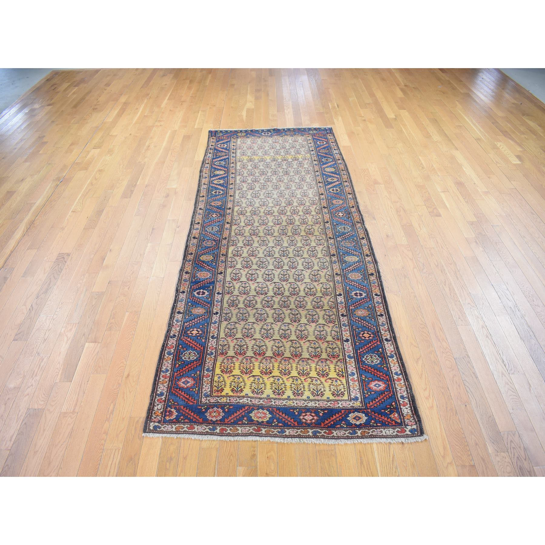 4'x10'3" Yellow, Antique Persian Bakshaish Abrash Paisley Design with Serrated Leaf Border, Excellent Condition Pure Wool, Clean Hand Knotted, Wide Runner Oriental Rug Sh80058