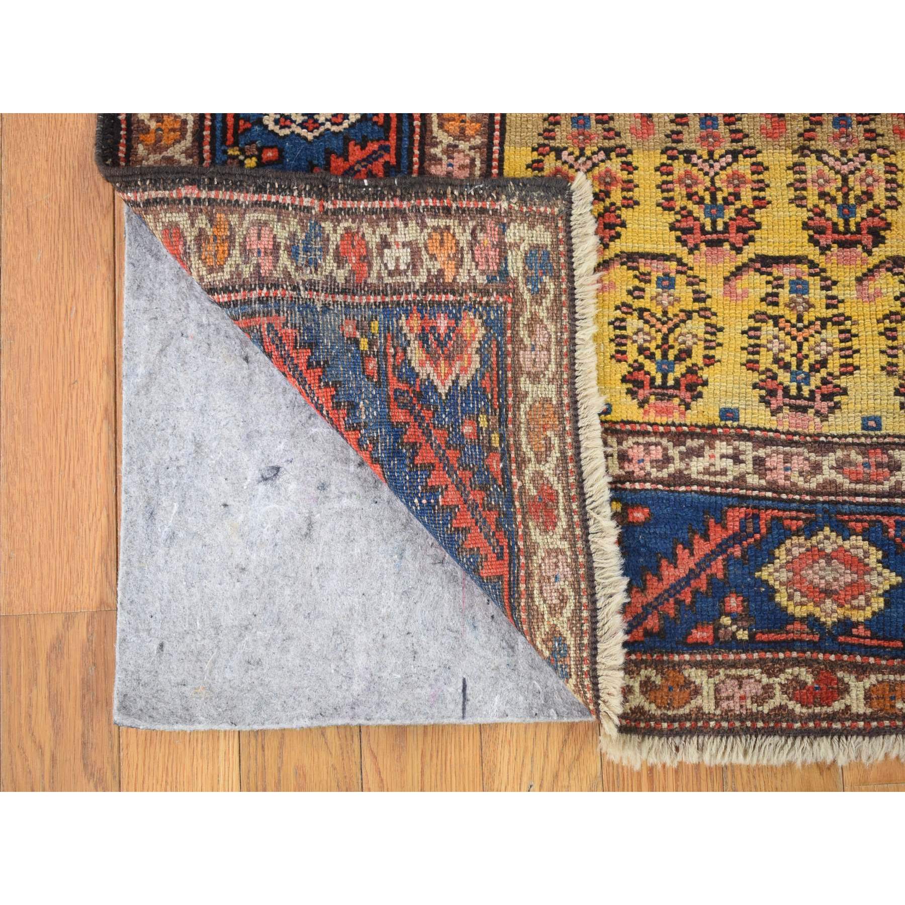 4'x10'3" Yellow, Antique Persian Bakshaish Abrash Paisley Design with Serrated Leaf Border, Excellent Condition Pure Wool, Clean Hand Knotted, Wide Runner Oriental Rug Sh80058
