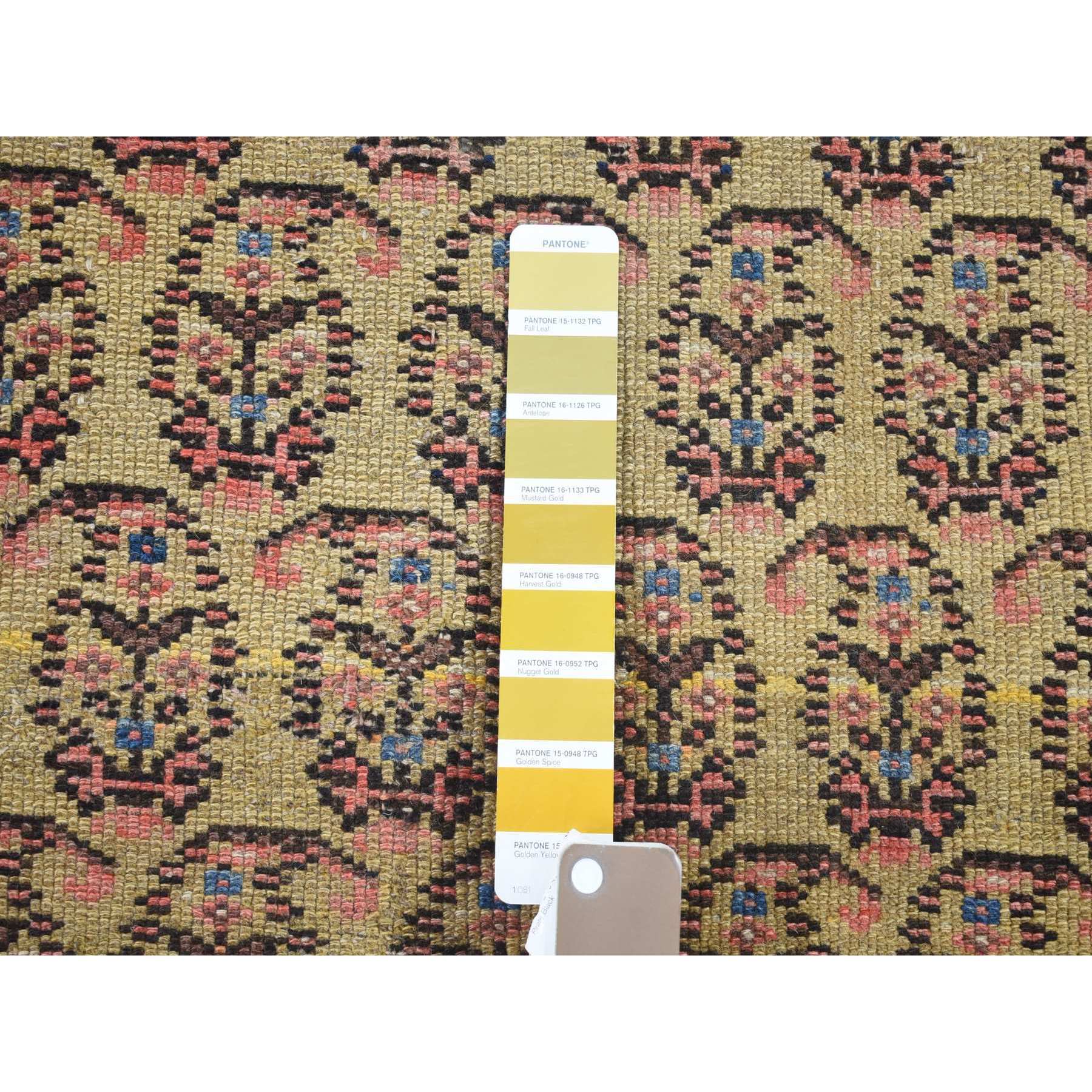 4'x10'3" Yellow, Antique Persian Bakshaish Abrash Paisley Design with Serrated Leaf Border, Excellent Condition Pure Wool, Clean Hand Knotted, Wide Runner Oriental Rug Sh80058