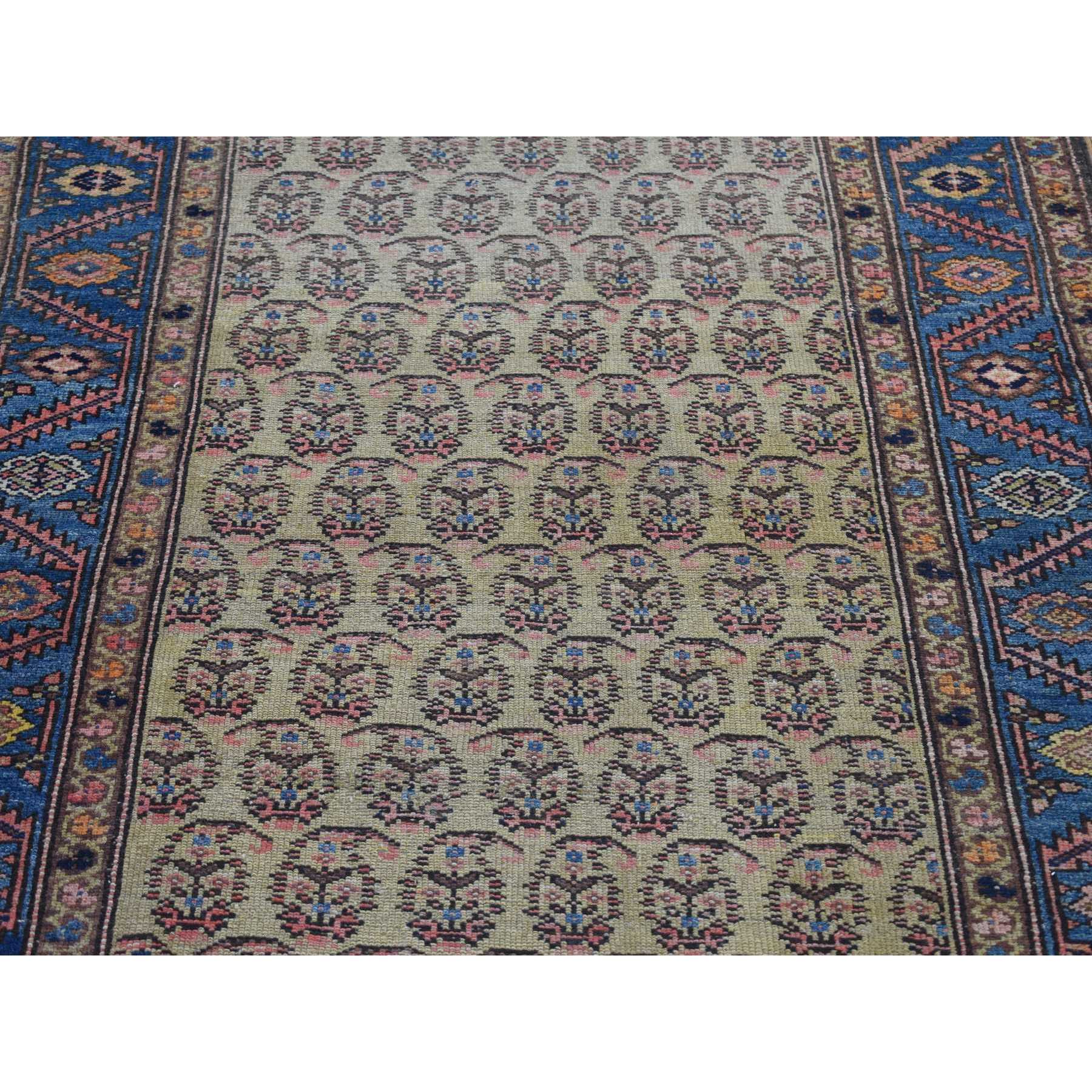 4'x10'3" Yellow, Antique Persian Bakshaish Abrash Paisley Design with Serrated Leaf Border, Excellent Condition Pure Wool, Clean Hand Knotted, Wide Runner Oriental Rug Sh80058