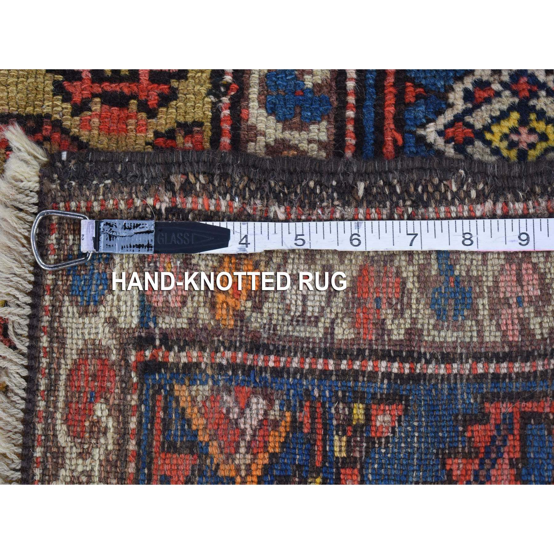 4'x10'3" Yellow, Antique Persian Bakshaish Abrash Paisley Design with Serrated Leaf Border, Excellent Condition Pure Wool, Clean Hand Knotted, Wide Runner Oriental Rug Sh80058