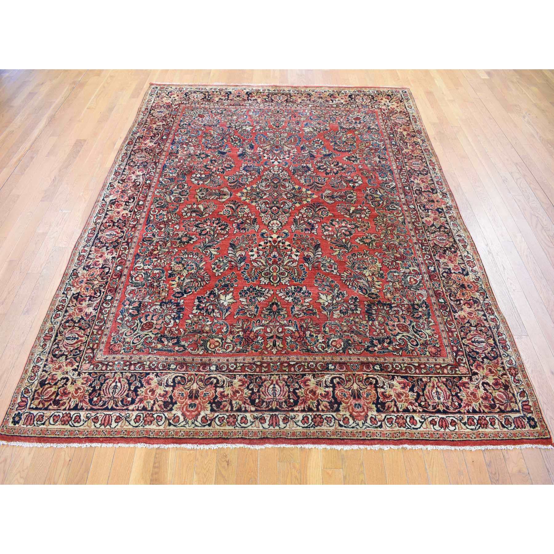7'10"x9'10" Tomato Red, Antique Persian Sarouk with Flower Bouquet Design, Full Pile, Mint Condition, Soft Wool, Hand Knotted, Clean, Sides and Ends Professionally Secured, Oriental Rug Sh80064