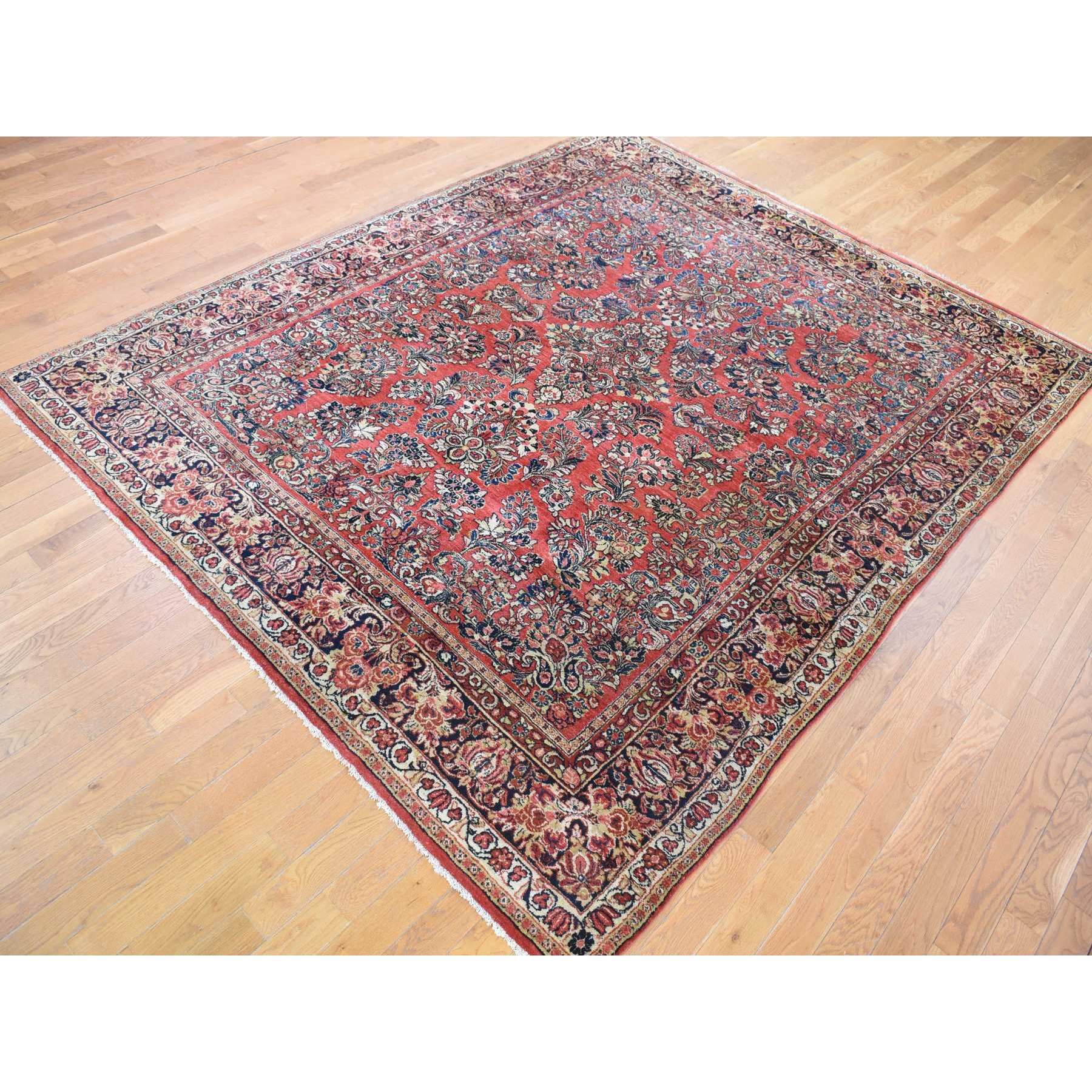 7'10"x9'10" Tomato Red, Antique Persian Sarouk with Flower Bouquet Design, Full Pile, Mint Condition, Soft Wool, Hand Knotted, Clean, Sides and Ends Professionally Secured, Oriental Rug Sh80064