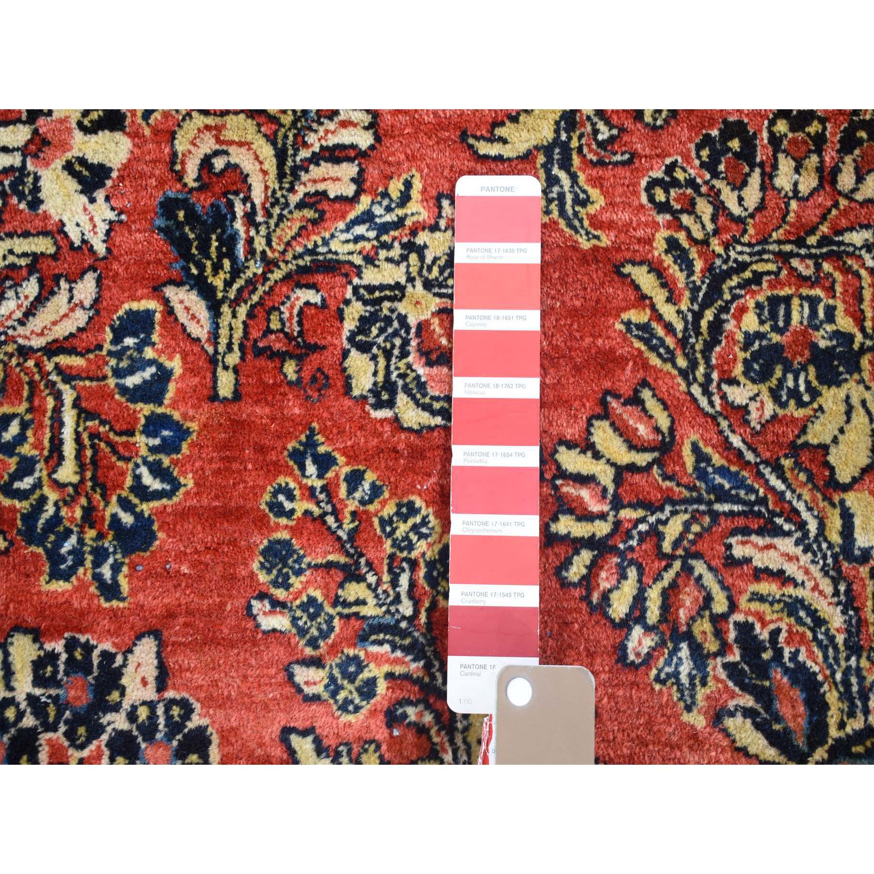 7'10"x9'10" Tomato Red, Antique Persian Sarouk with Flower Bouquet Design, Full Pile, Mint Condition, Soft Wool, Hand Knotted, Clean, Sides and Ends Professionally Secured, Oriental Rug Sh80064
