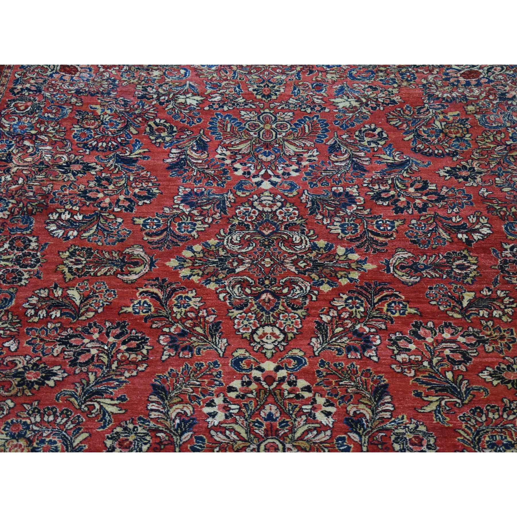 7'10"x9'10" Tomato Red, Antique Persian Sarouk with Flower Bouquet Design, Full Pile, Mint Condition, Soft Wool, Hand Knotted, Clean, Sides and Ends Professionally Secured, Oriental Rug Sh80064