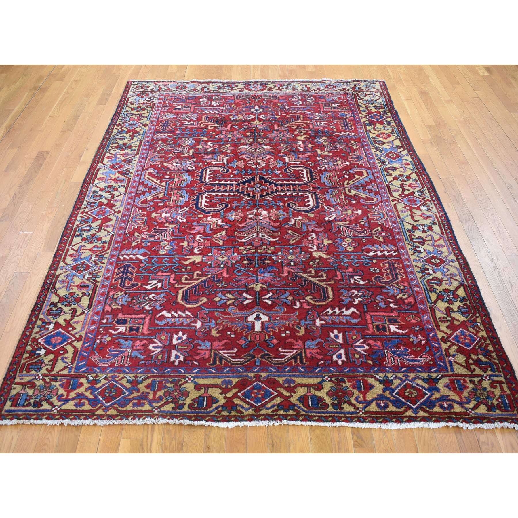 7'4"x9'9" Tomato Red With Gold, Antique Persian Heriz All Over Geometric Design, Pure Wool, Full Pile, Excellent Condition, Hand Knotted, Clean, Sides and Ends Professionally Secured, Oriental Rug Sh80069