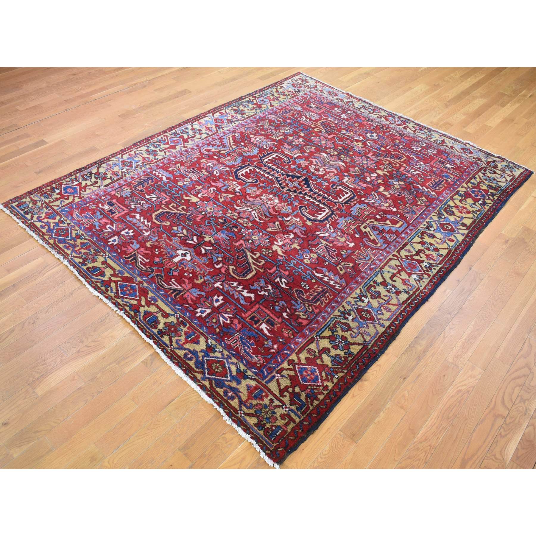 7'4"x9'9" Tomato Red With Gold, Antique Persian Heriz All Over Geometric Design, Pure Wool, Full Pile, Excellent Condition, Hand Knotted, Clean, Sides and Ends Professionally Secured, Oriental Rug Sh80069