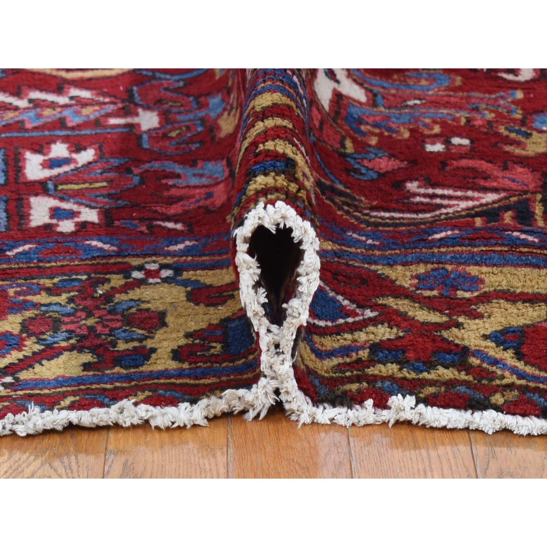 7'4"x9'9" Tomato Red With Gold, Antique Persian Heriz All Over Geometric Design, Pure Wool, Full Pile, Excellent Condition, Hand Knotted, Clean, Sides and Ends Professionally Secured, Oriental Rug Sh80069