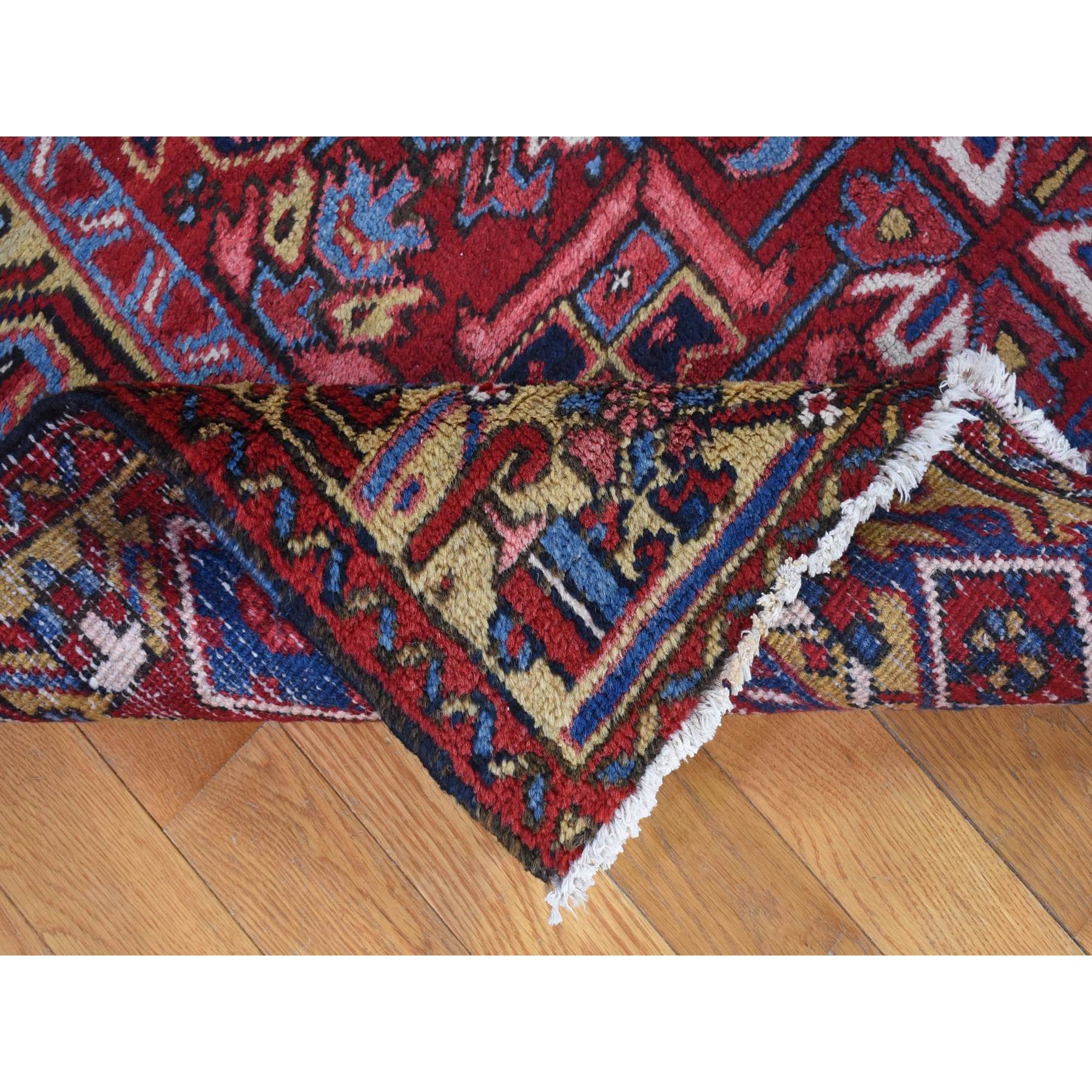7'4"x9'9" Tomato Red With Gold, Antique Persian Heriz All Over Geometric Design, Pure Wool, Full Pile, Excellent Condition, Hand Knotted, Clean, Sides and Ends Professionally Secured, Oriental Rug Sh80069