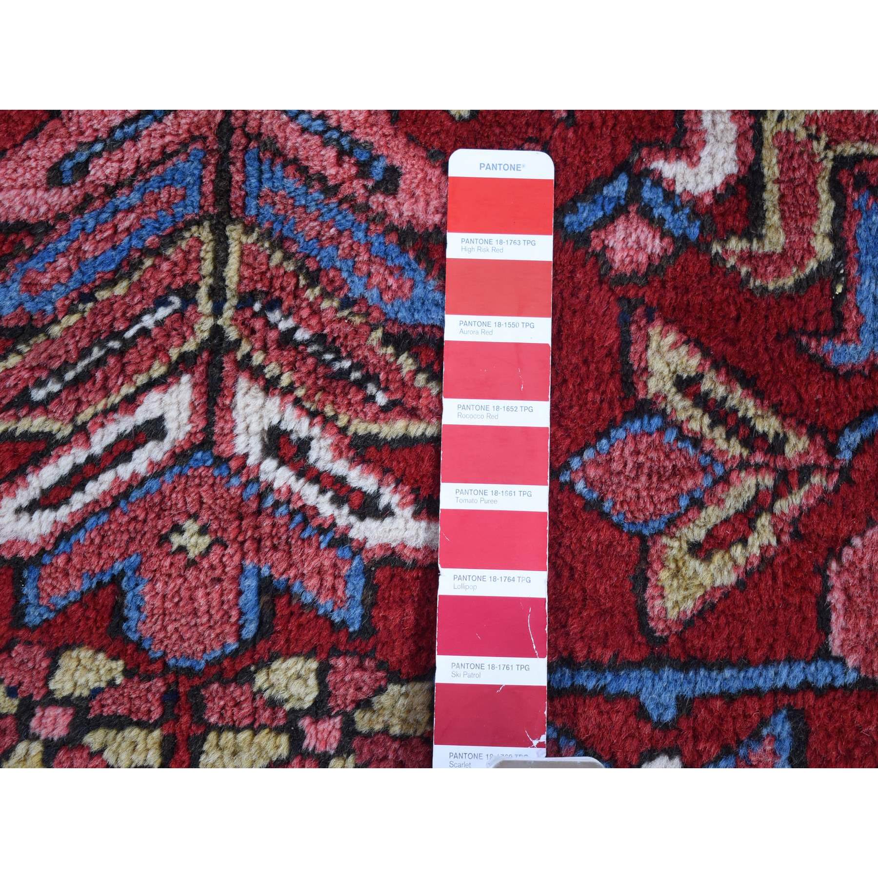 7'4"x9'9" Tomato Red With Gold, Antique Persian Heriz All Over Geometric Design, Pure Wool, Full Pile, Excellent Condition, Hand Knotted, Clean, Sides and Ends Professionally Secured, Oriental Rug Sh80069