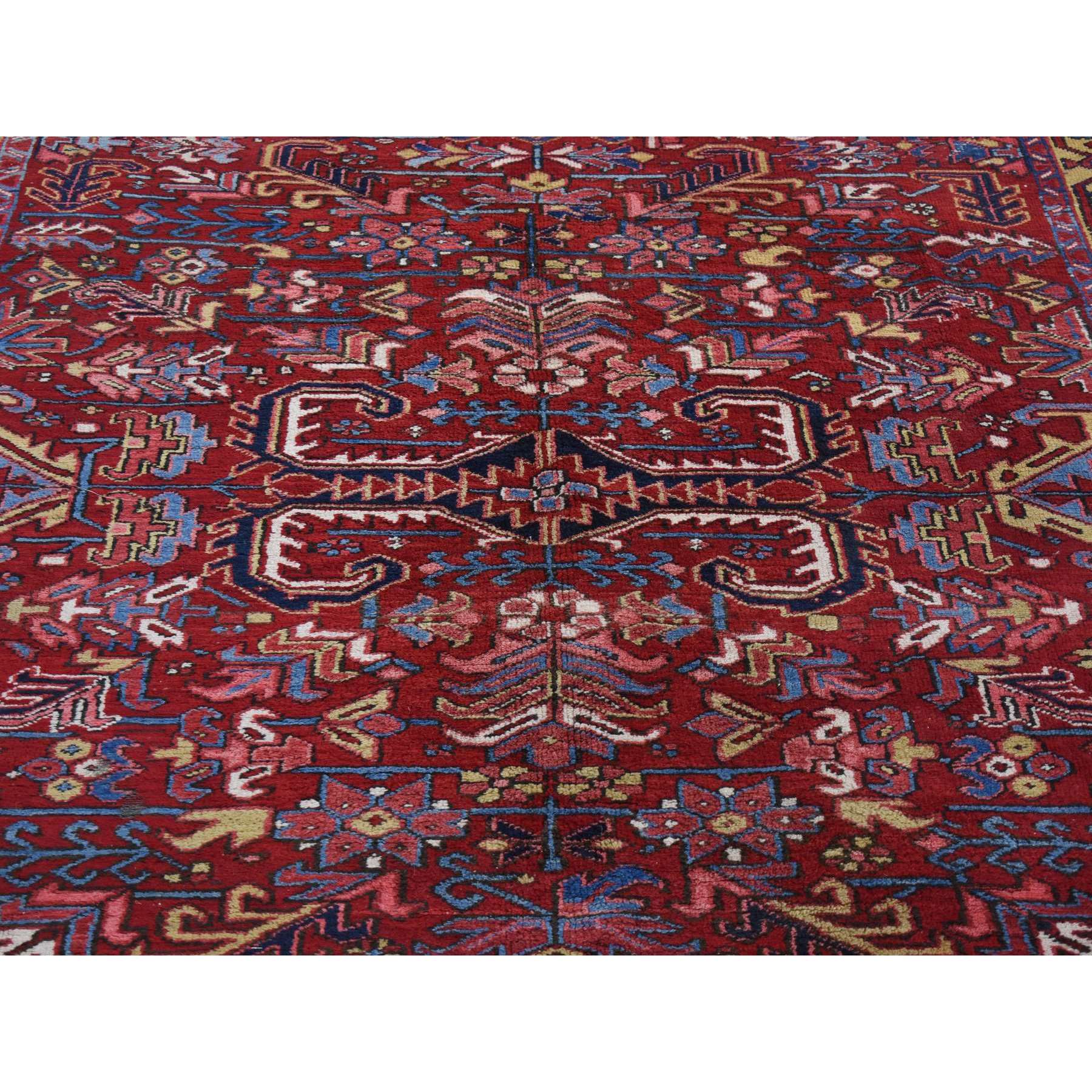 7'4"x9'9" Tomato Red With Gold, Antique Persian Heriz All Over Geometric Design, Pure Wool, Full Pile, Excellent Condition, Hand Knotted, Clean, Sides and Ends Professionally Secured, Oriental Rug Sh80069