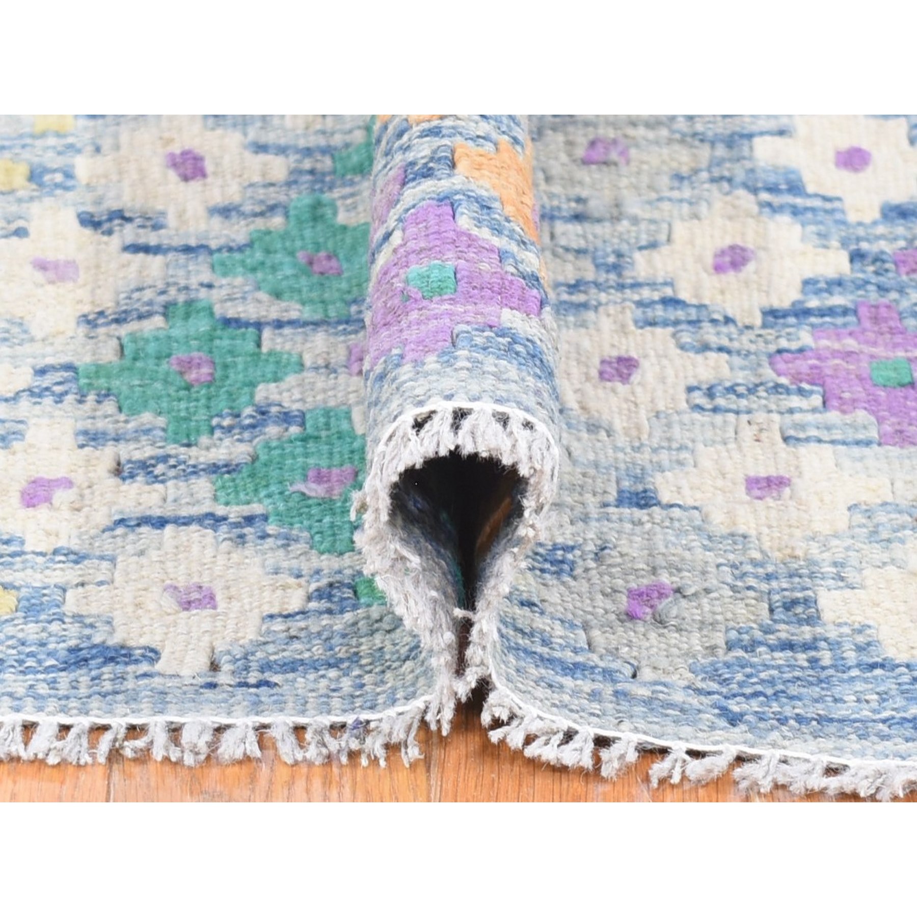 10'3"x13'2" Blue, Afghan Kilim with Geometric Design, Multicolor Flat Weave, Vertical Zig Zag Design, Vegetable Dyes, Pure Wool, Hand Knotted Oriental Rug Sh80085