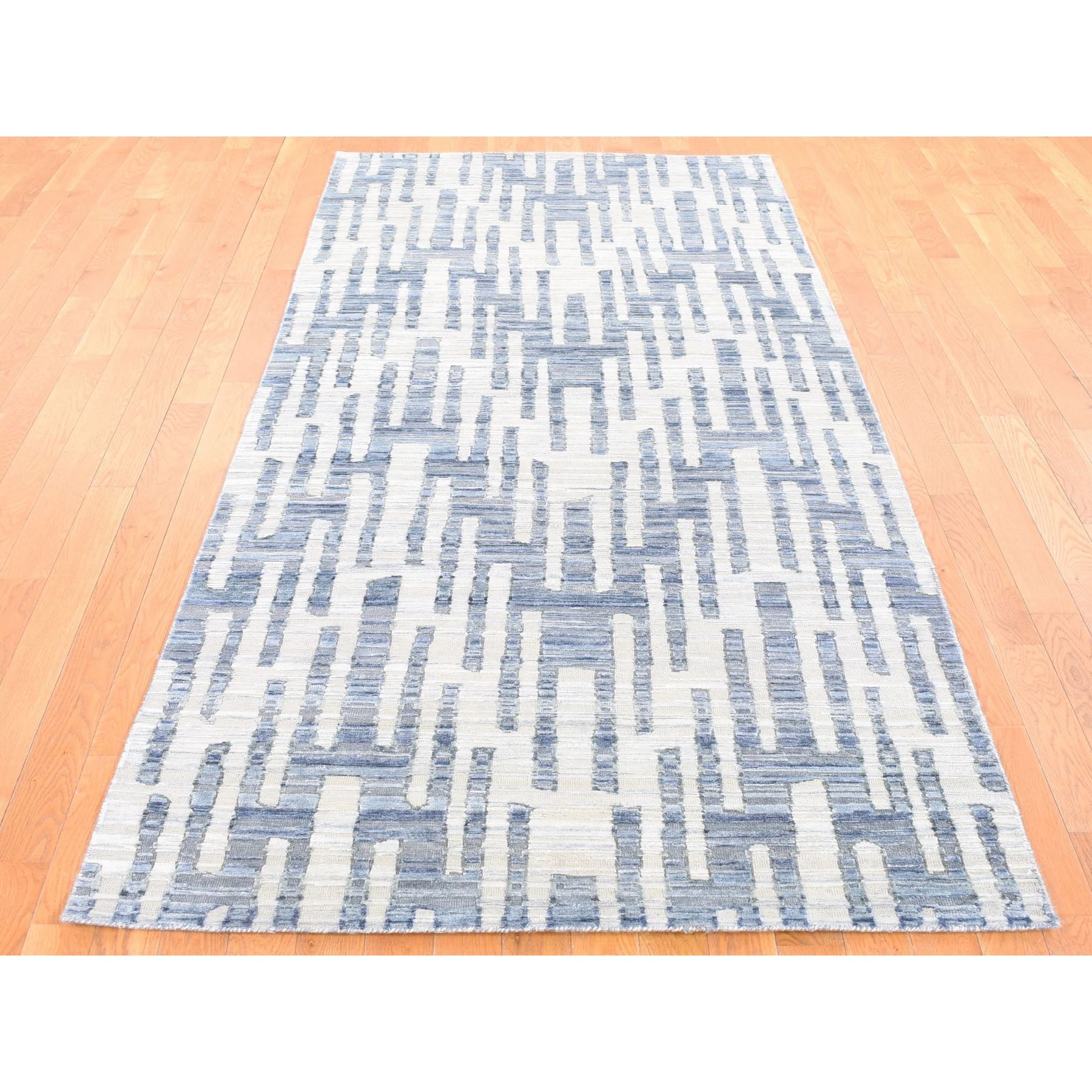 4'x10'3" Gray, Zigzag with Graph Design, Pure Silk and Textured Wool, Hand Knotted Wide Runner Oriental Rug Sh80088