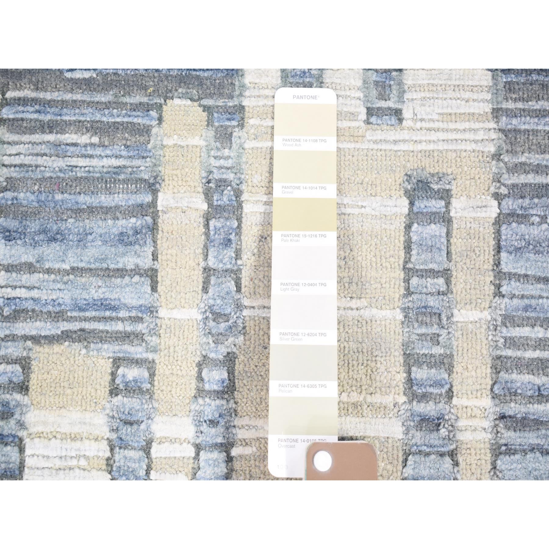 4'x10'3" Gray, Zigzag with Graph Design, Pure Silk and Textured Wool, Hand Knotted Wide Runner Oriental Rug Sh80088