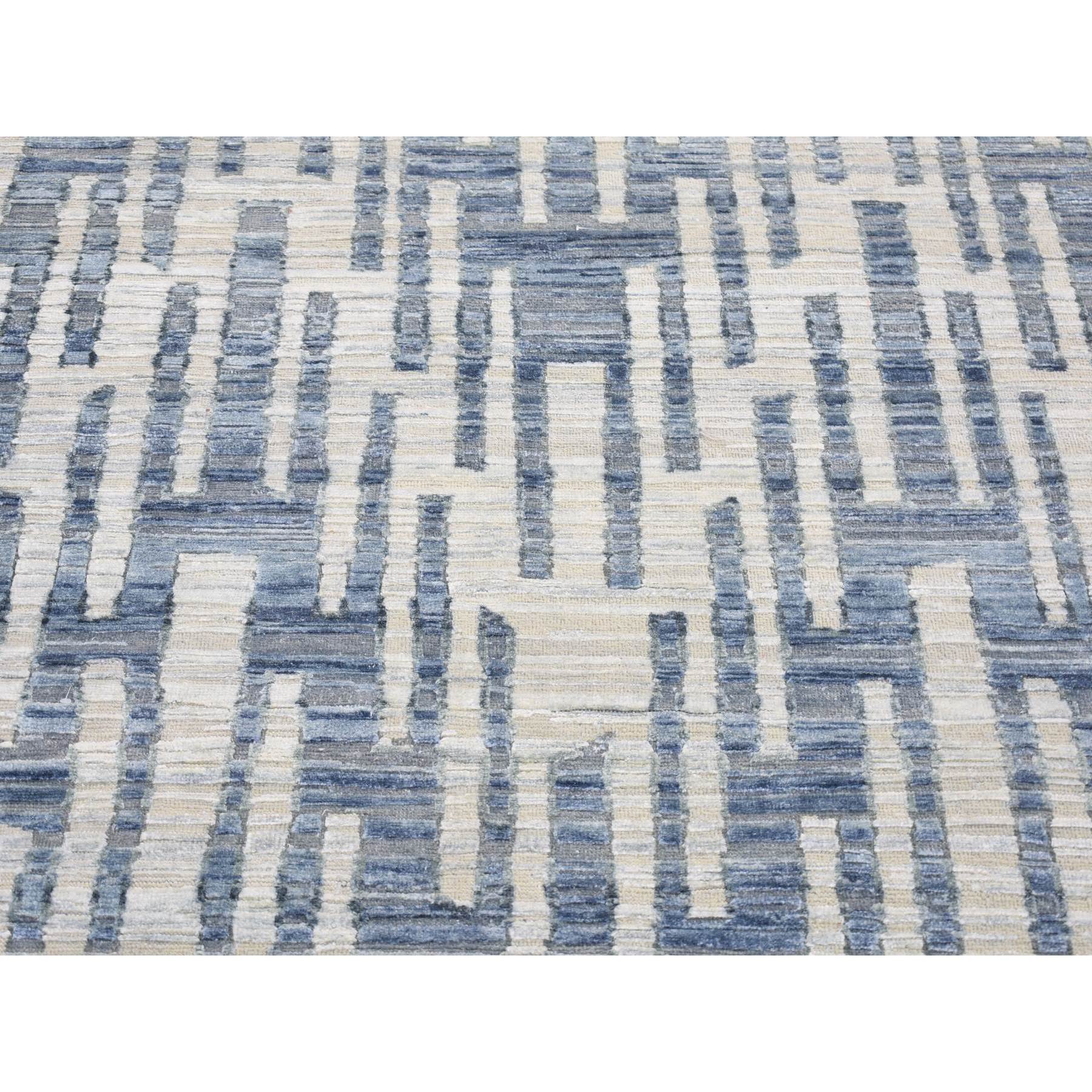 4'x10'3" Gray, Zigzag with Graph Design, Pure Silk and Textured Wool, Hand Knotted Wide Runner Oriental Rug Sh80088