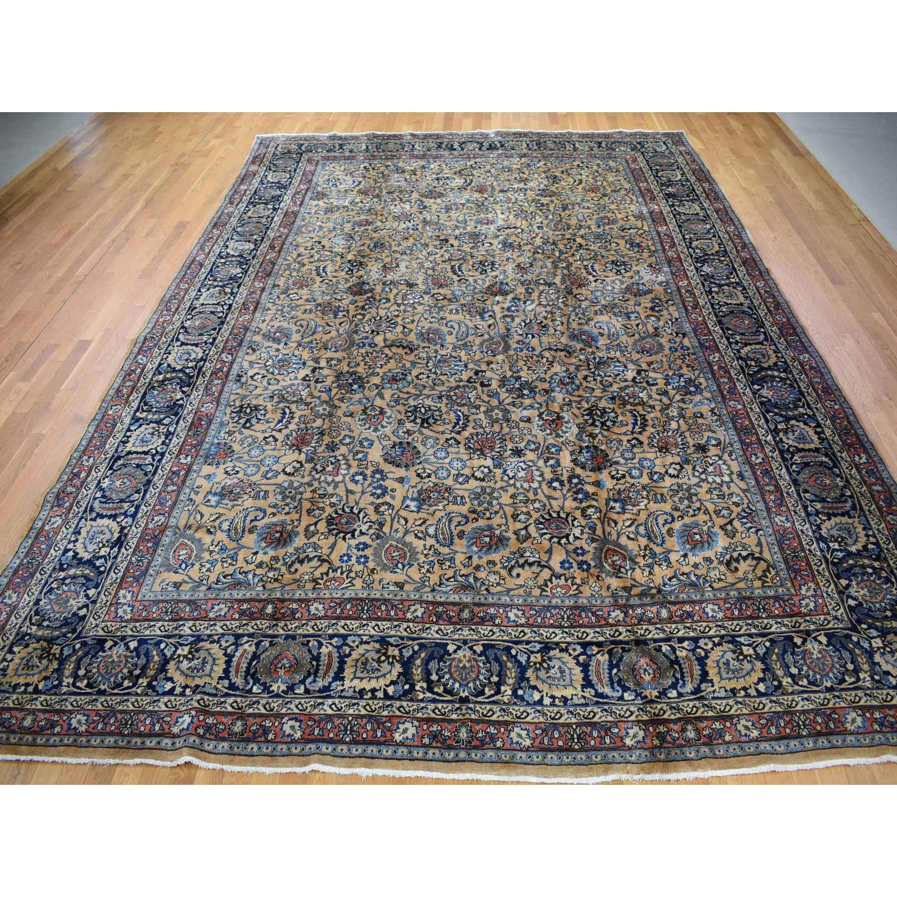 11'9"x16'4" Ivory, Antique Persian Mashad, Hand Knotted, 100% Wool, Oversized Oriental Rug Sh80113