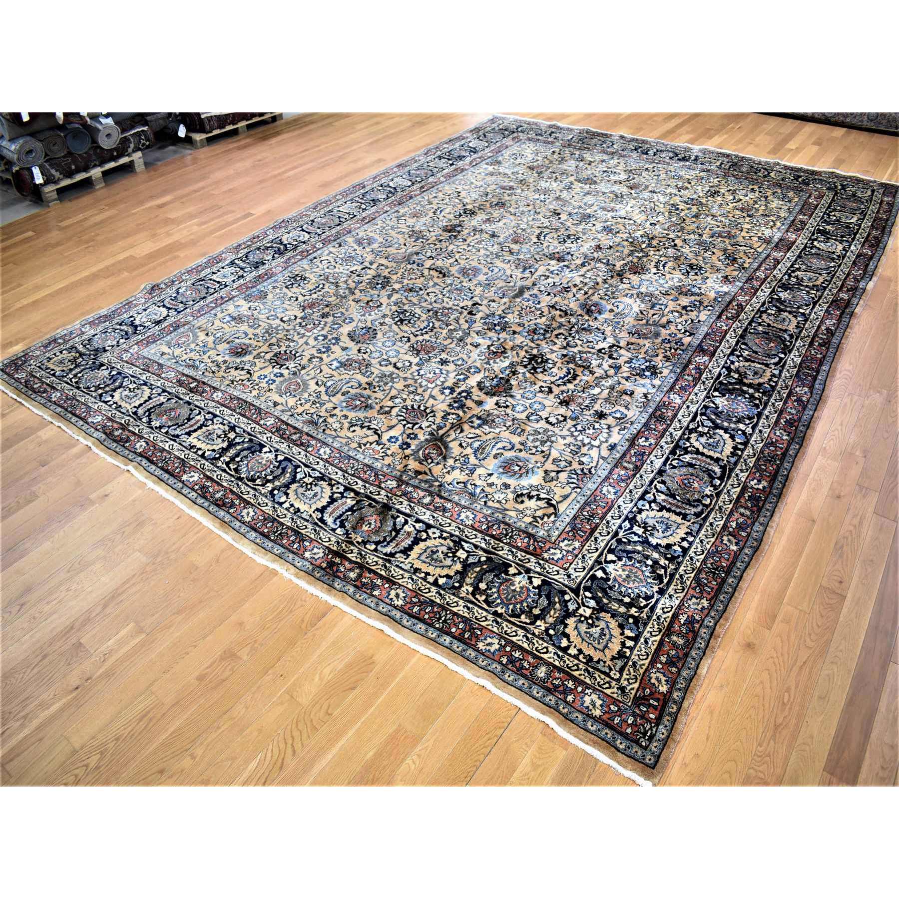 11'9"x16'4" Ivory, Antique Persian Mashad, Hand Knotted, 100% Wool, Oversized Oriental Rug Sh80113