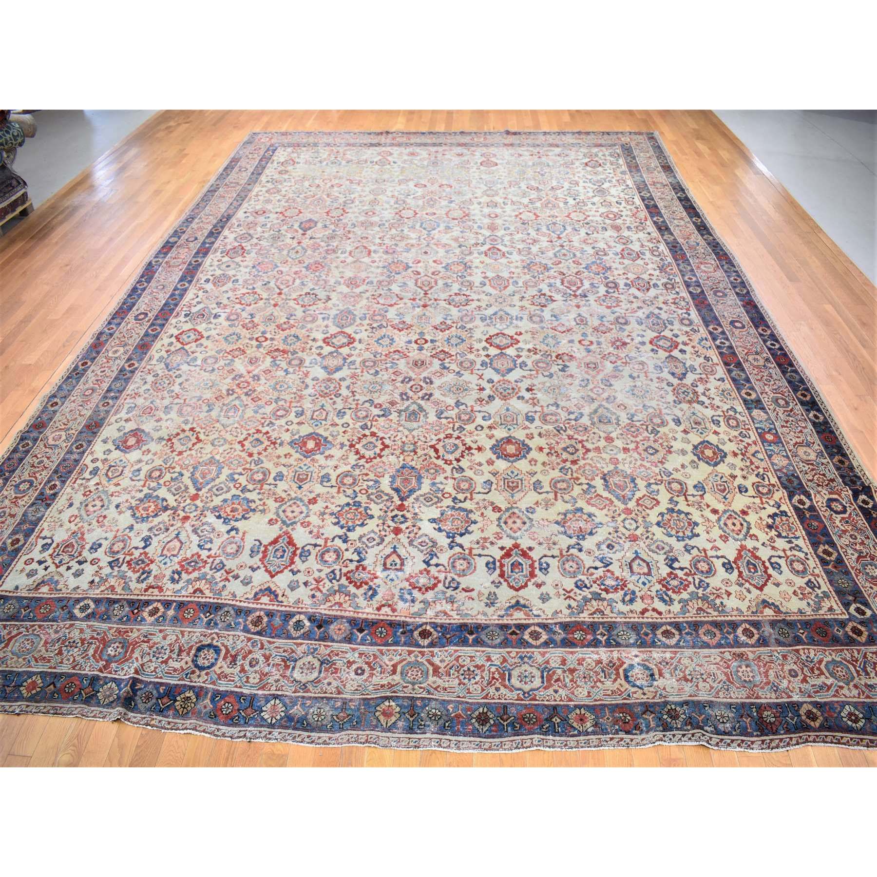 13'10"x19'5" Beige, Handmade Antique Persian Mahal, Areas of Wear, Sides and Ends Professionally Secured, Pure Wool, Oversized Oriental Rug Sh80116