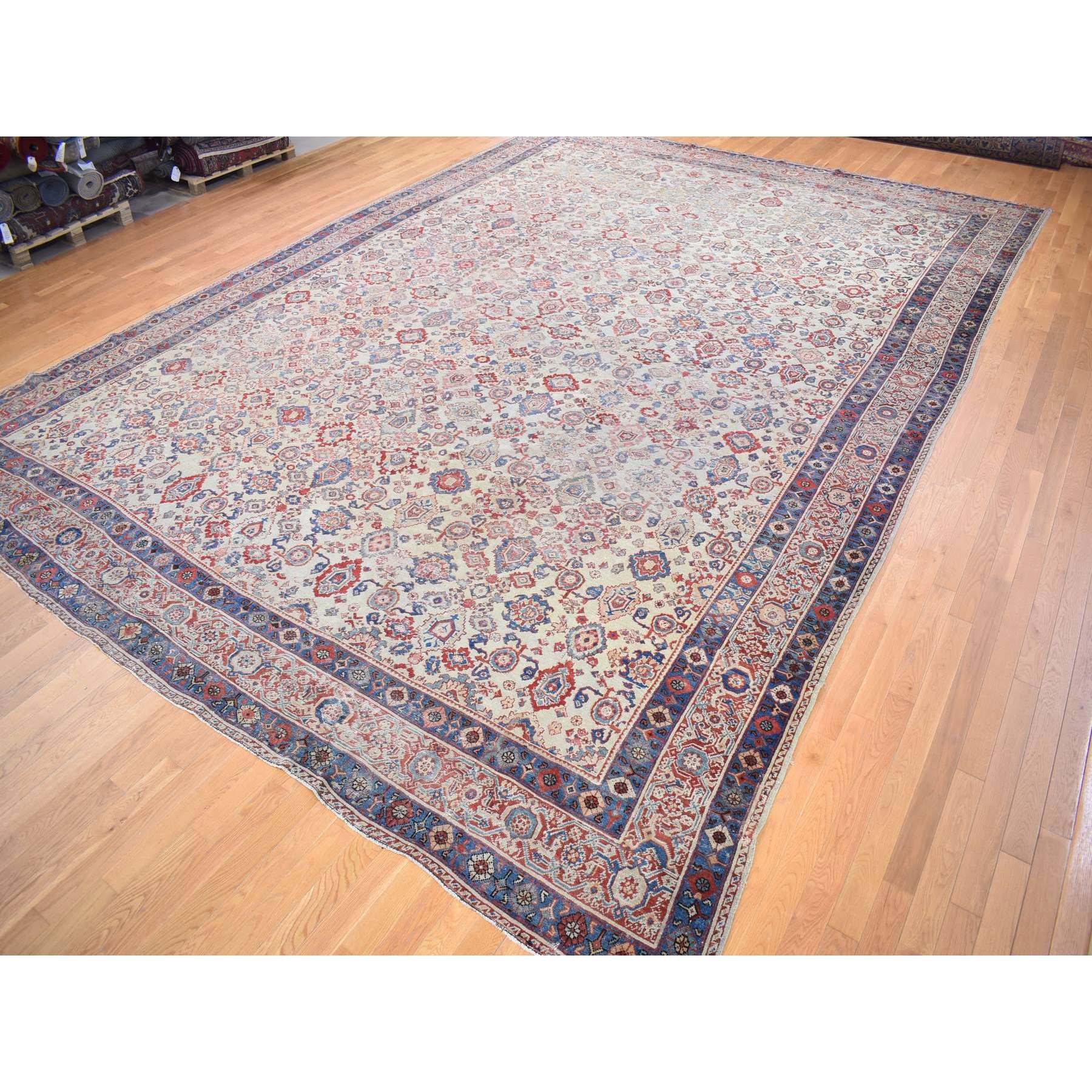 13'10"x19'5" Beige, Handmade Antique Persian Mahal, Areas of Wear, Sides and Ends Professionally Secured, Pure Wool, Oversized Oriental Rug Sh80116