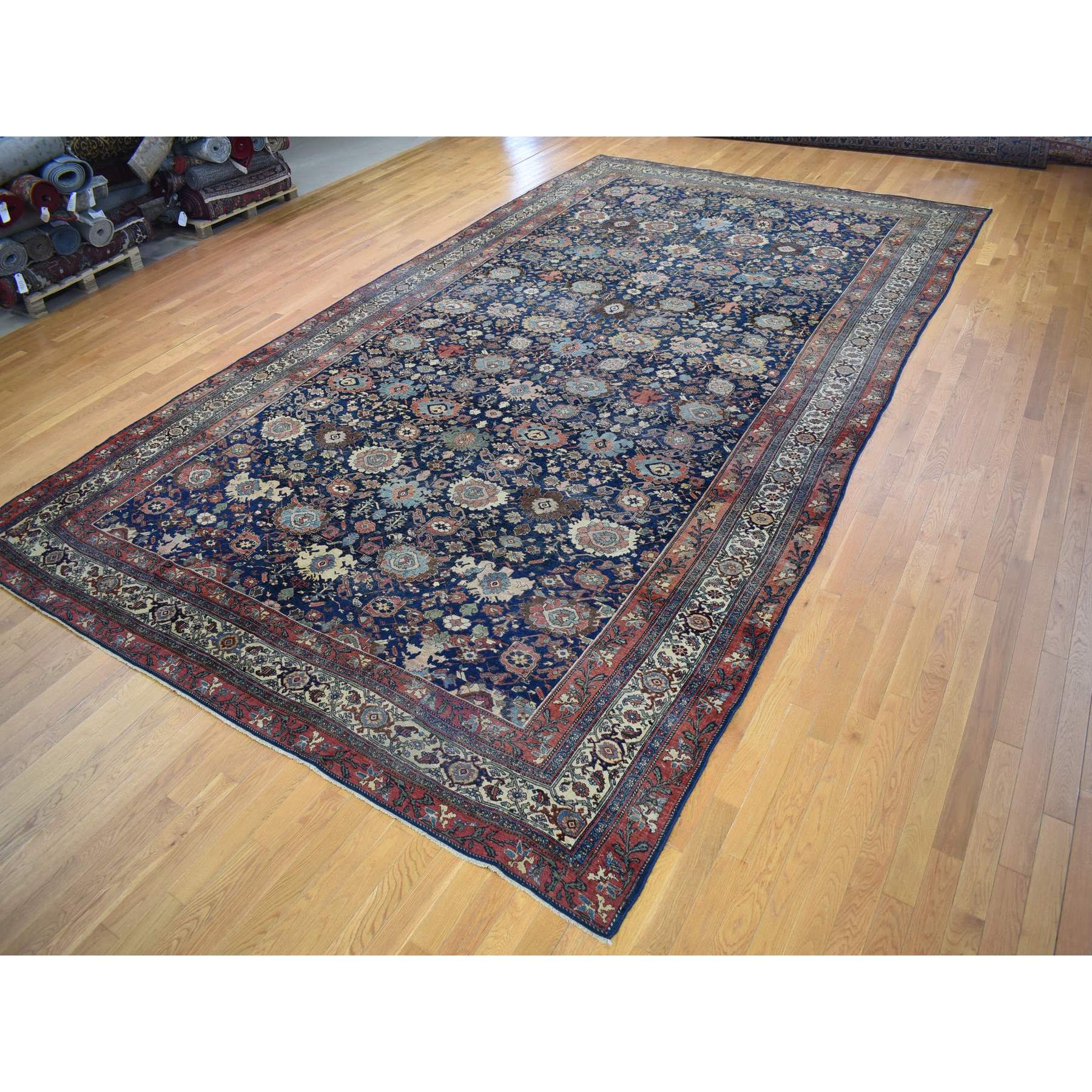 11'x19' Navy Blue, Antique Persian Bijar, Even Wear, Clean, Sides and Ends Professionally Secured, Pure Wool, Hand Knotted Oversized Oriental Rug Sh80117