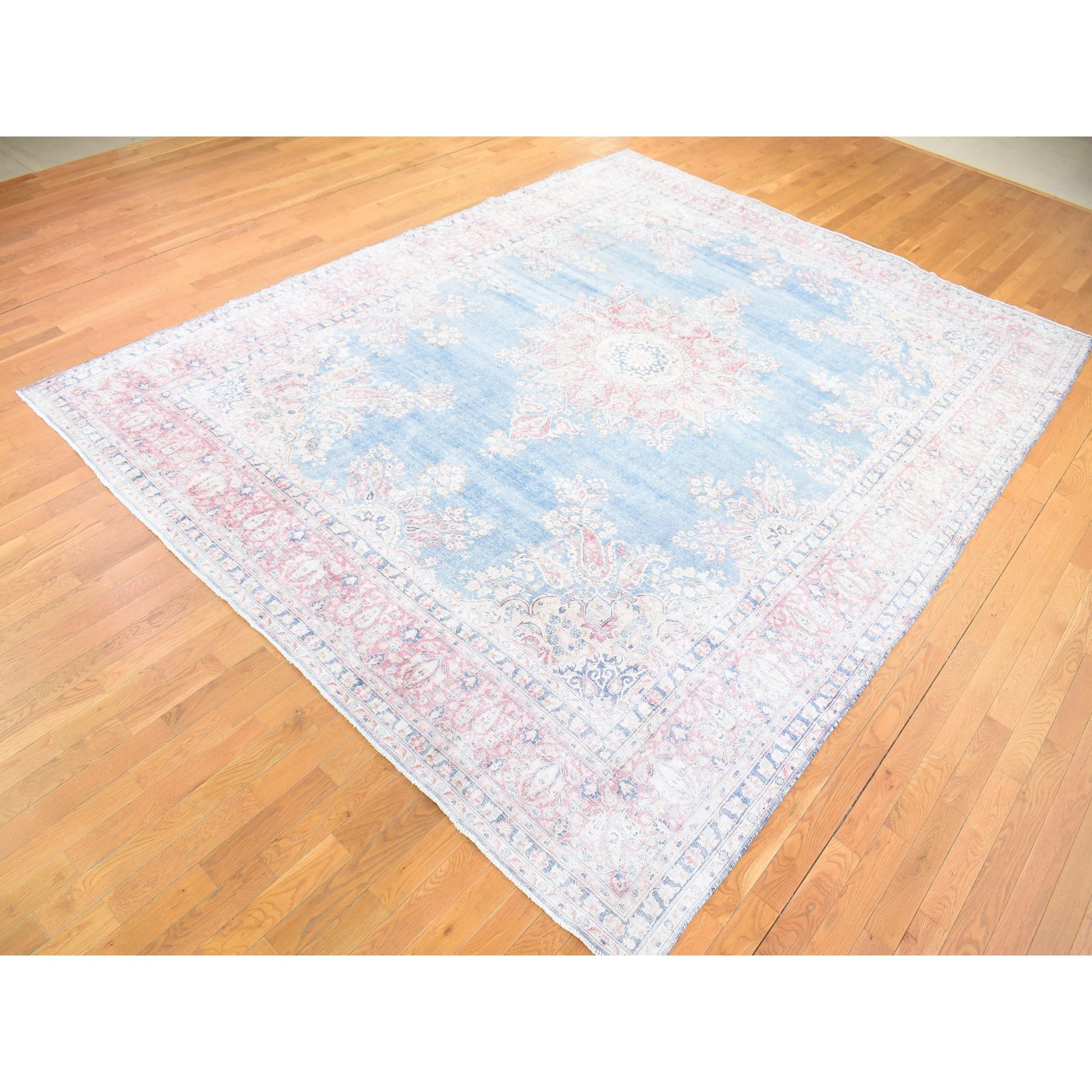 10'x12'10" Blue, Vintage Persian Kerman Cropped Thin, Distressed Look Worn Wool Hand Knotted, Oriental Rug Sh80139