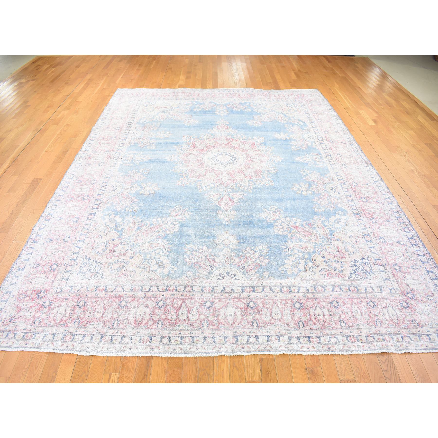 10'x12'10" Blue, Vintage Persian Kerman Cropped Thin, Distressed Look Worn Wool Hand Knotted, Oriental Rug Sh80139