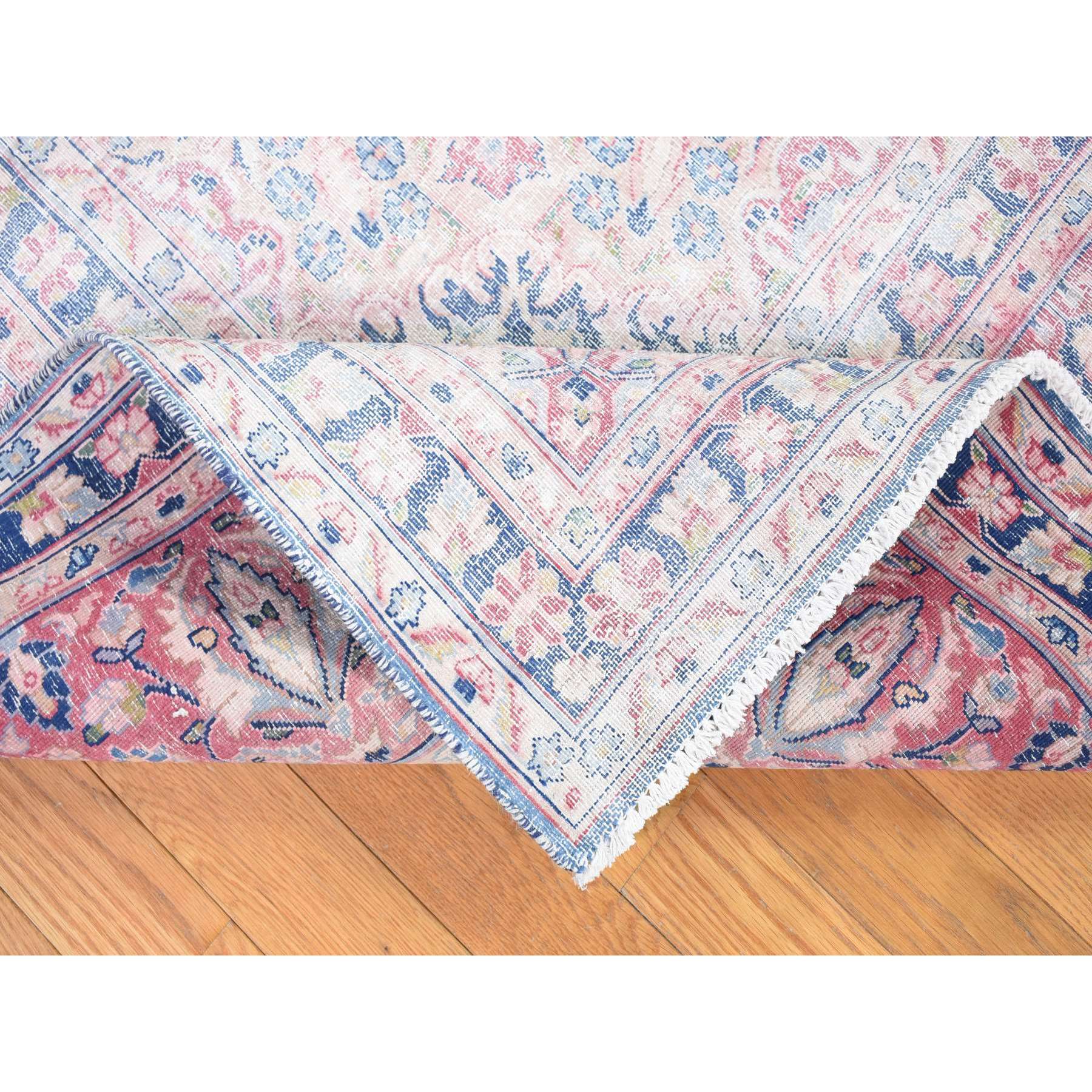 10'x12'10" Blue, Vintage Persian Kerman Cropped Thin, Distressed Look Worn Wool Hand Knotted, Oriental Rug Sh80139