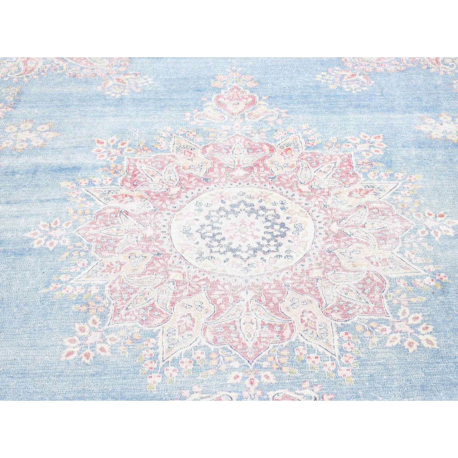 10'x12'10" Blue, Vintage Persian Kerman Cropped Thin, Distressed Look Worn Wool Hand Knotted, Oriental Rug Sh80139