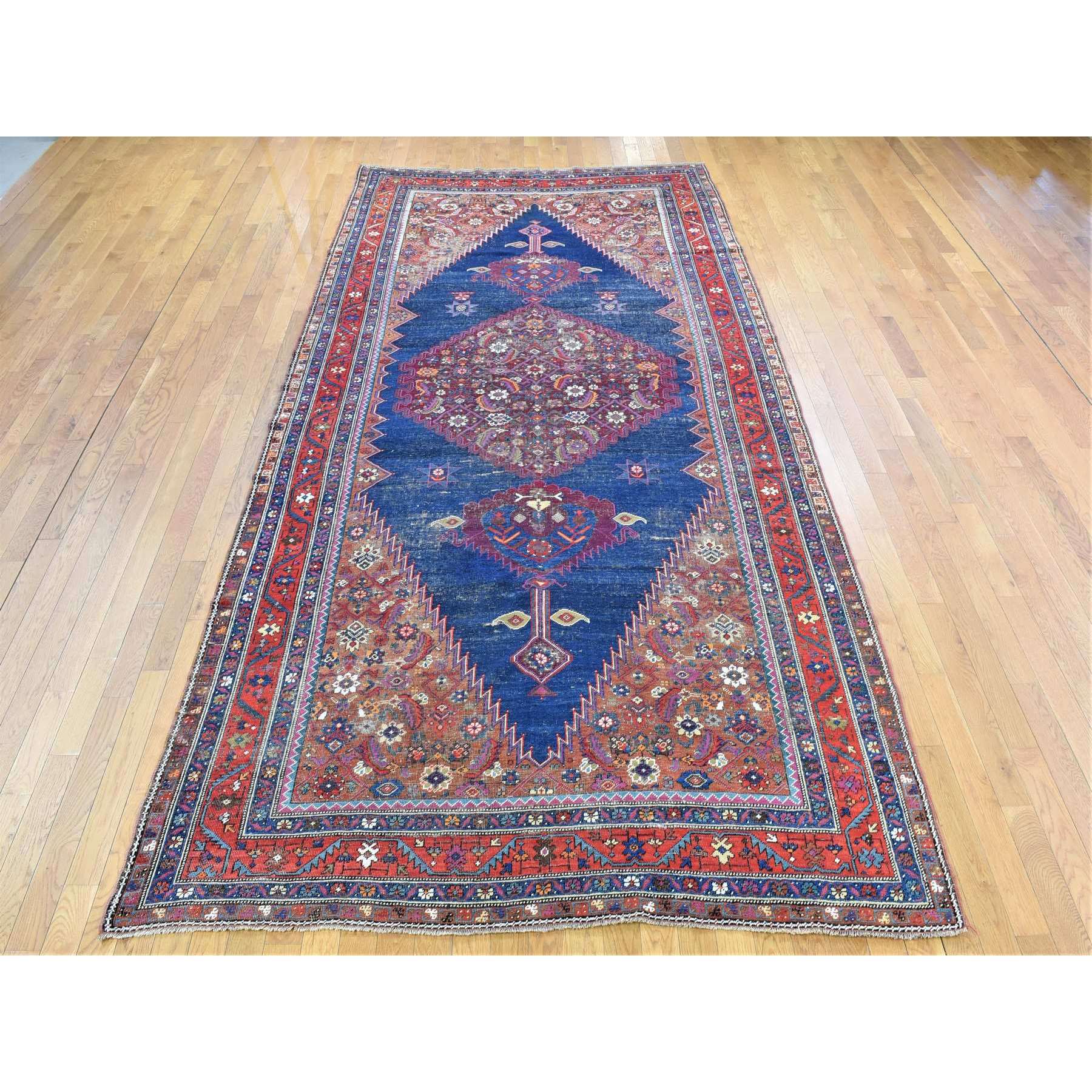 6'5"x14' Navy Blue, Antique Northwest Persian, Pure Wool Hand Knotted Distressed Worn Down, Wide Runner Oriental Rug Sh80229