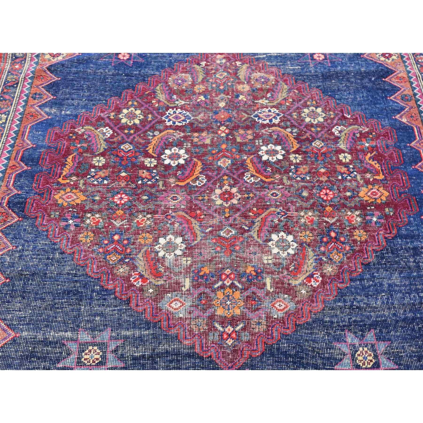 6'5"x14' Navy Blue, Antique Northwest Persian, Pure Wool Hand Knotted Distressed Worn Down, Wide Runner Oriental Rug Sh80229