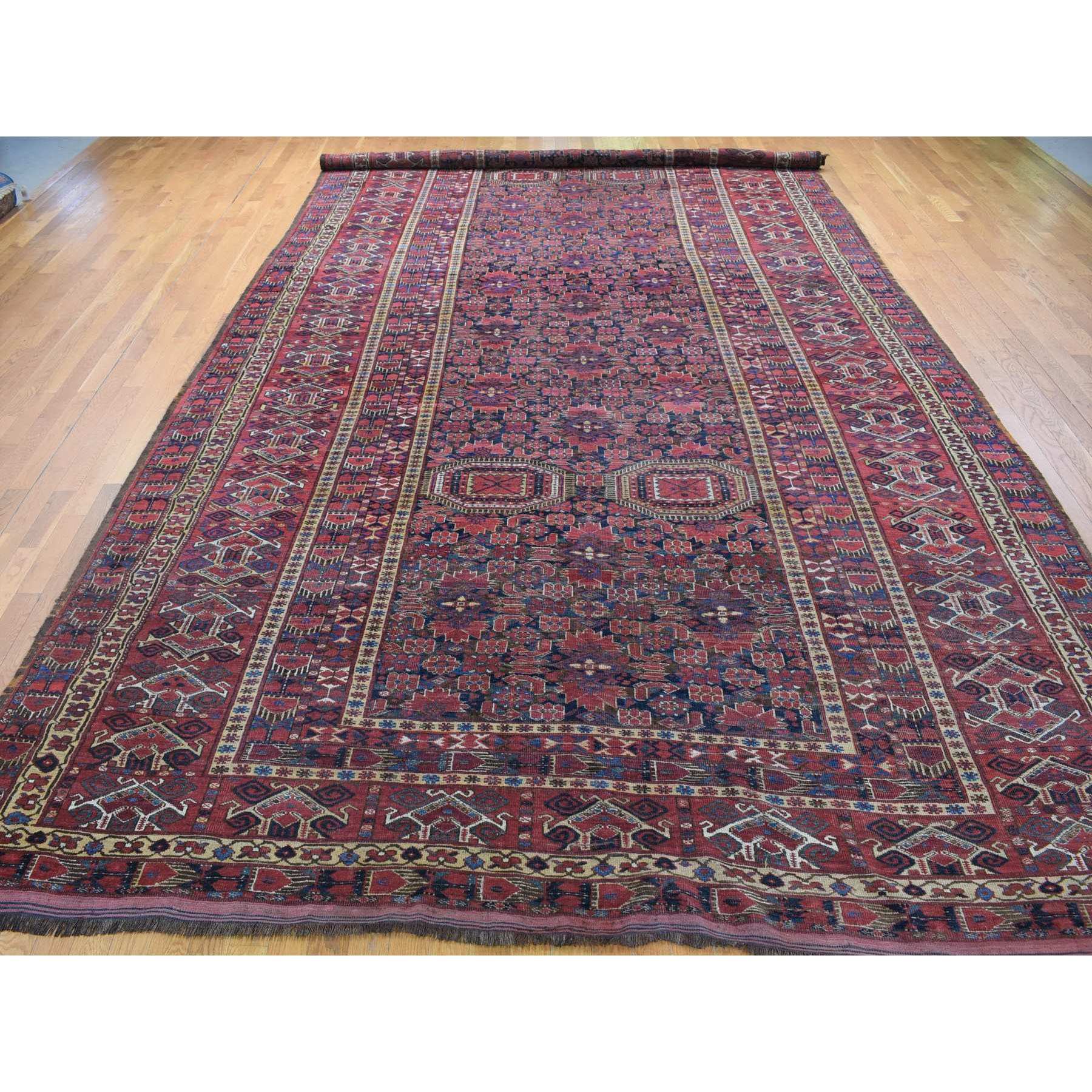 10'4"x21' Midnight Blue Antique Afghan Beshir Geometric All Over Design with Multiple Borders, Good Condition, Hand Knotted Pure Wool, Gallery Size Oriental Rug Sh80310