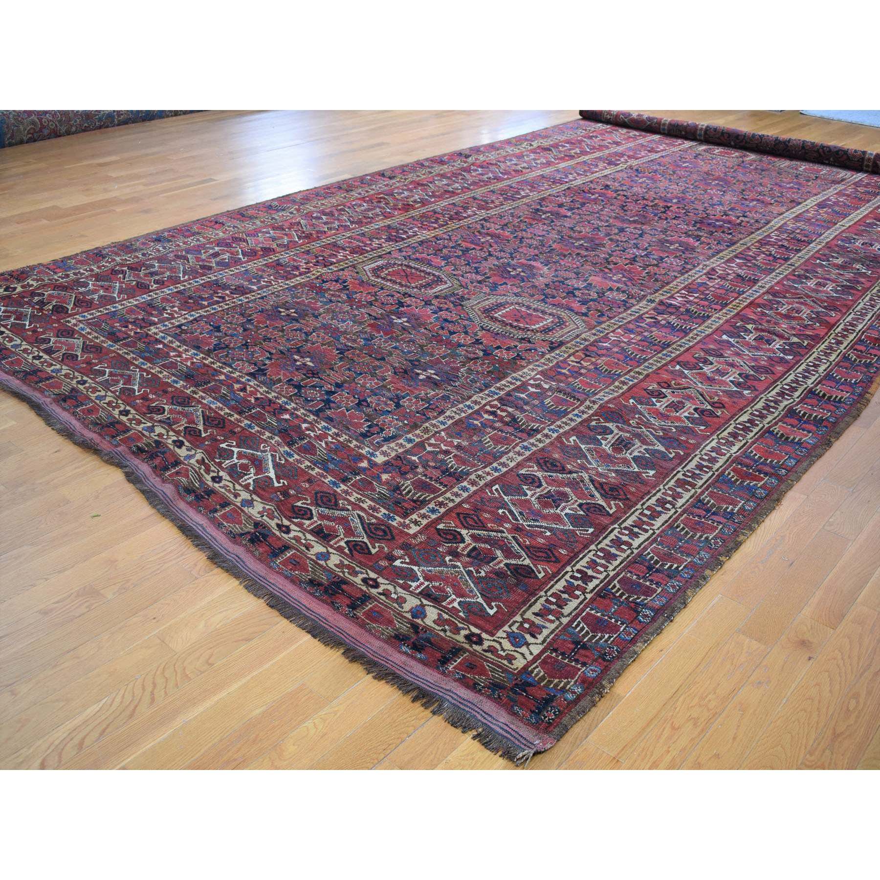 10'4"x21' Midnight Blue Antique Afghan Beshir Geometric All Over Design with Multiple Borders, Good Condition, Hand Knotted Pure Wool, Gallery Size Oriental Rug Sh80310