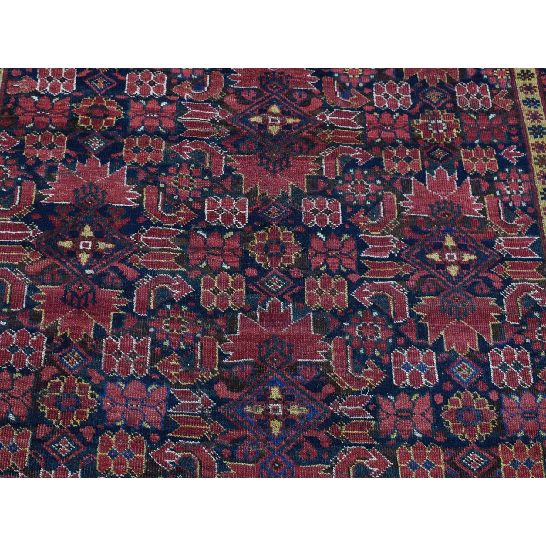 10'4"x21' Midnight Blue Antique Afghan Beshir Geometric All Over Design with Multiple Borders, Good Condition, Hand Knotted Pure Wool, Gallery Size Oriental Rug Sh80310