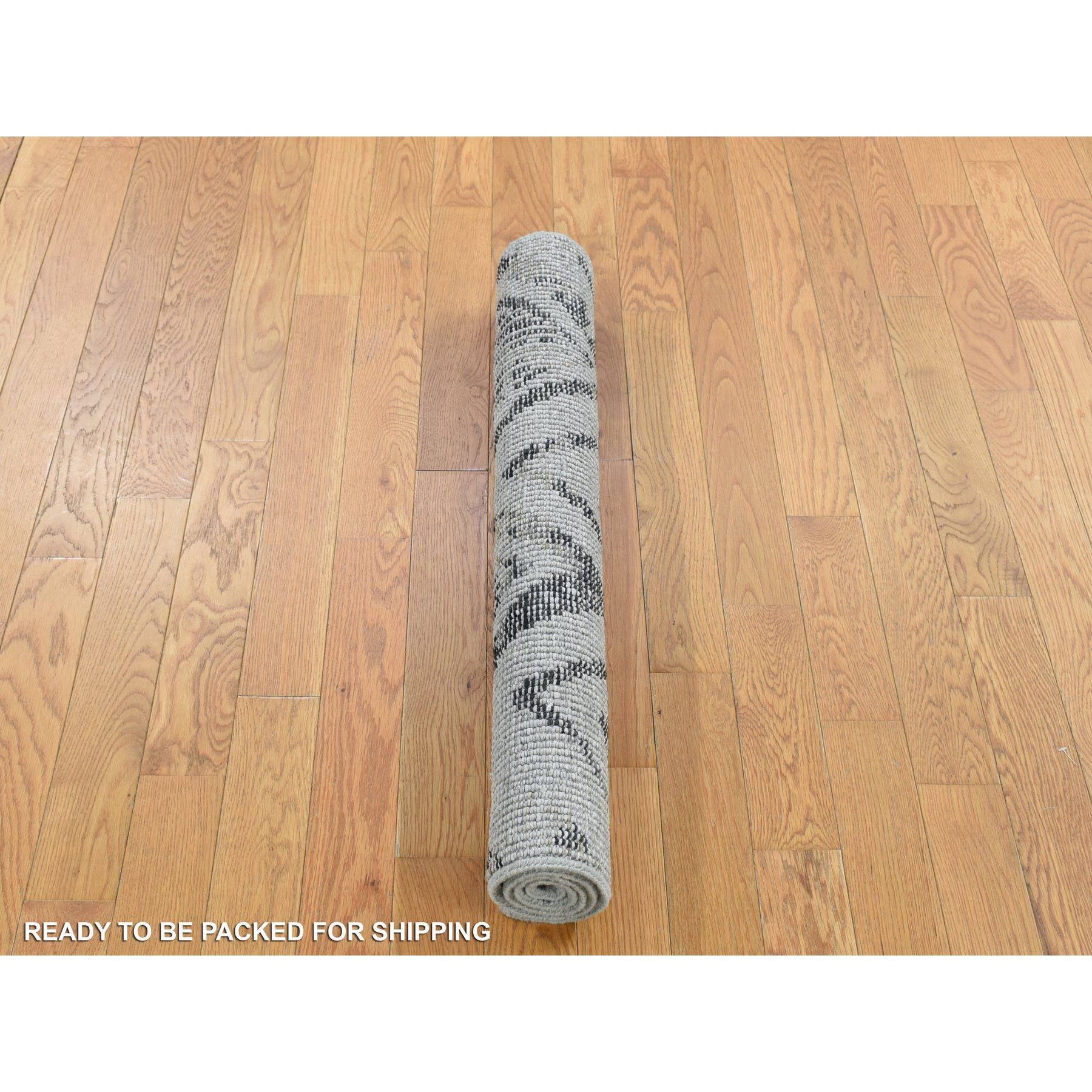 3'1"x3'1" Light Gray with Black, Organic Wool Hand Knotted, Modern Design Fragment Sample, Square Oriental Rug Sh80335