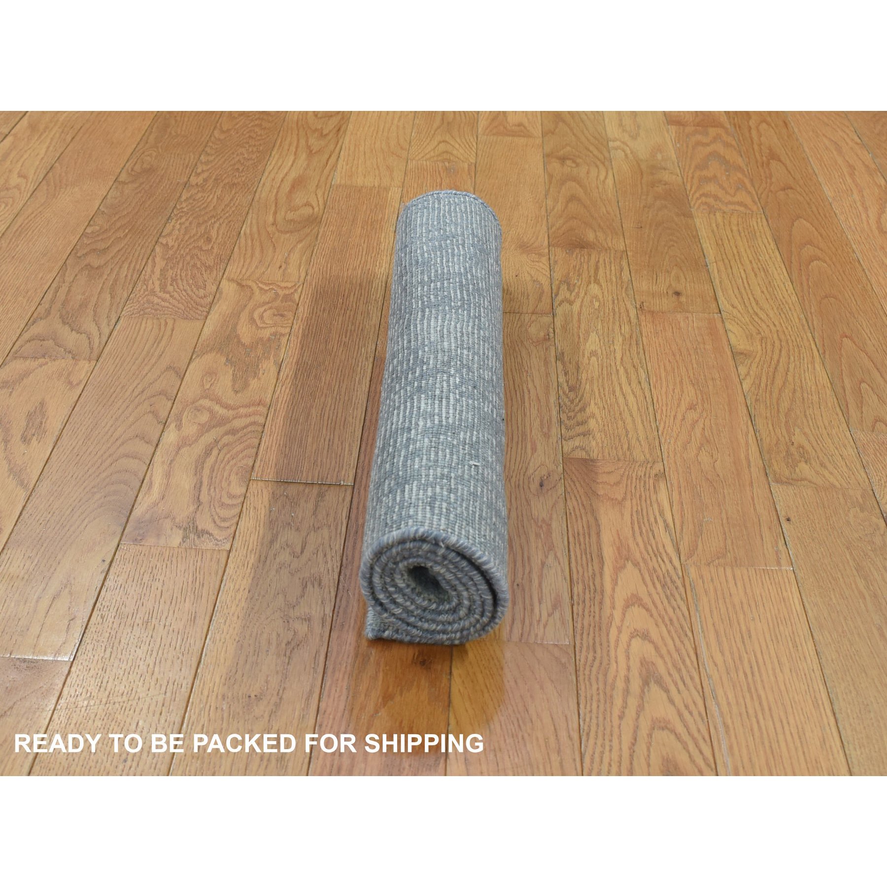 2'1"x3'1" Space Gray with Touches of Ivory, Modern Design Sample Fragment, Textured Wool with Silk Hand Knotted, Mat Oriental Rug Sh80350