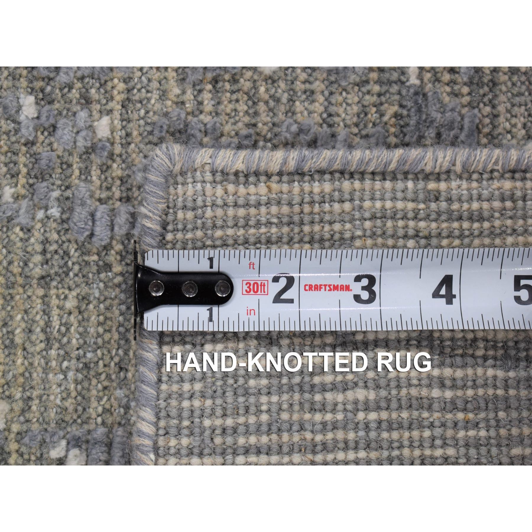 2'1"x3'1" Space Gray with Touches of Ivory, Modern Design Sample Fragment, Textured Wool with Silk Hand Knotted, Mat Oriental Rug Sh80350