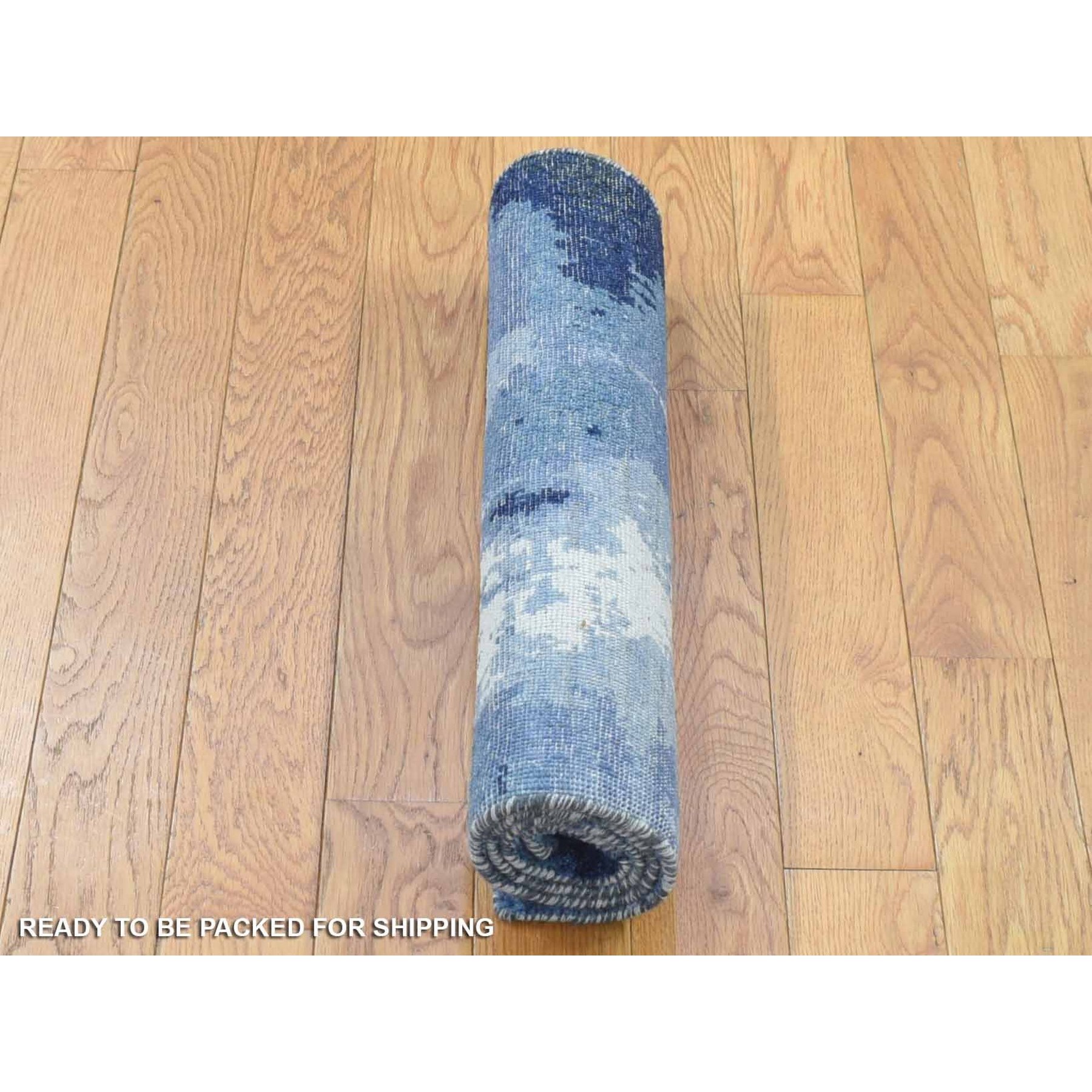 2'x3' Ivory-Denim Blue, 100% Wool, Hand Knotted, Modern Abstract Design, Mat Oriental Rug Sh80367