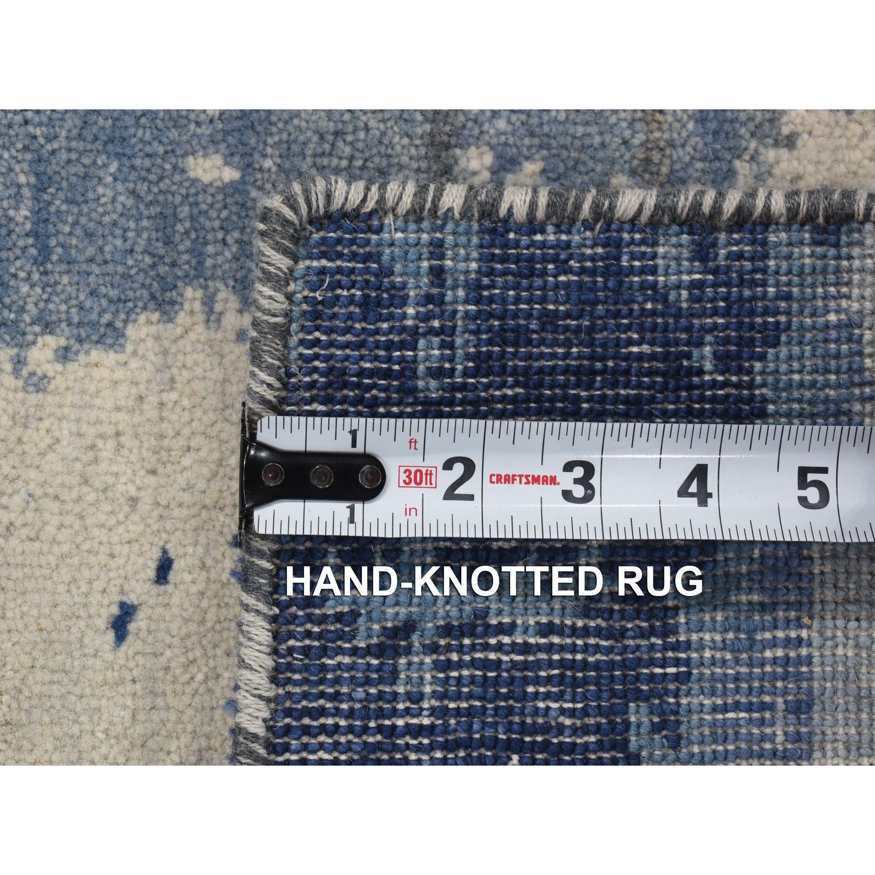 2'x3' Ivory-Denim Blue, 100% Wool, Hand Knotted, Modern Abstract Design, Mat Oriental Rug Sh80367