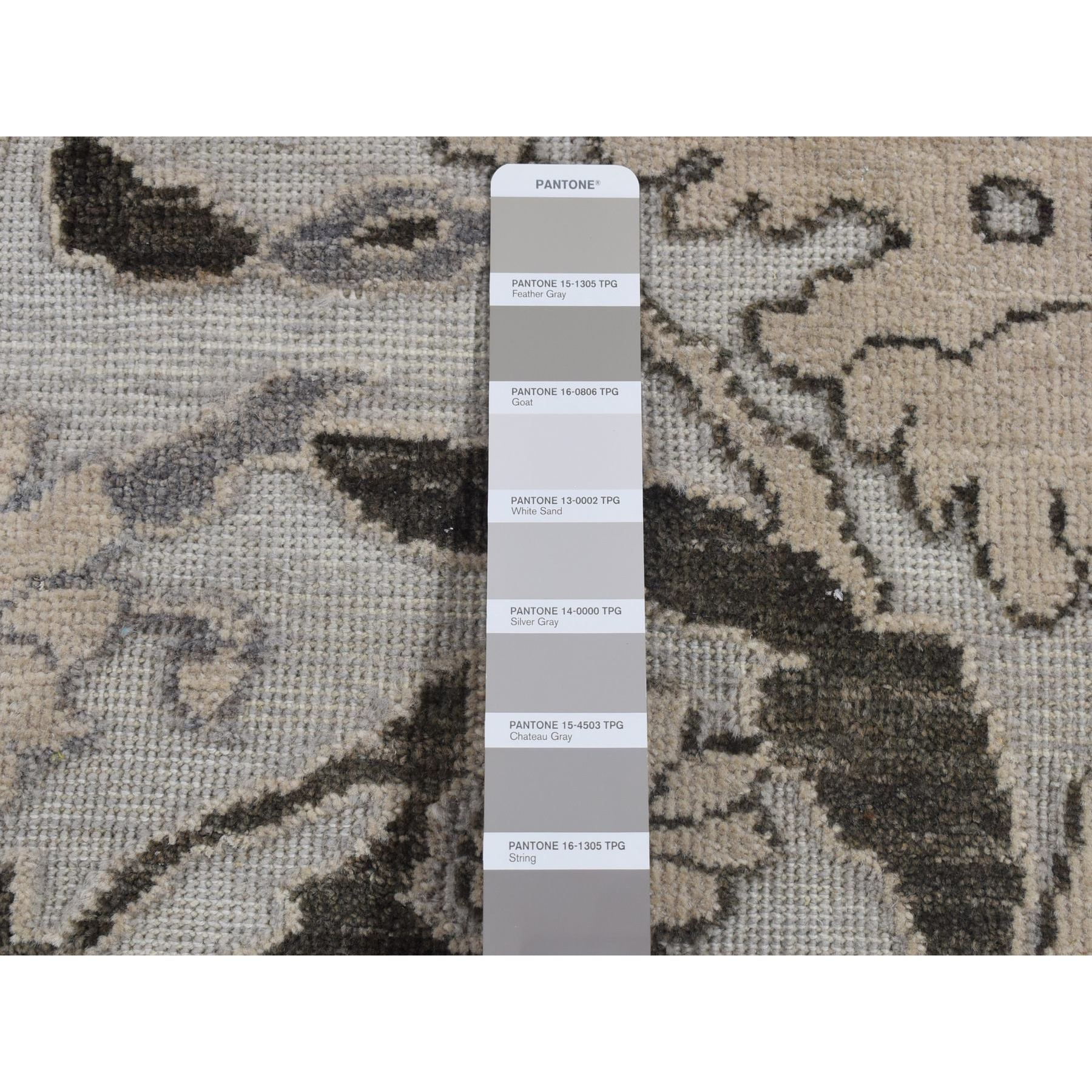 2'1"x3'1" Ivory with Chocolate Brown, 100% Wool, Hi and Lo, Oushak Design, Hand Knotted, Sample Fragment, Textured, Mat Oriental Rug Sh80377