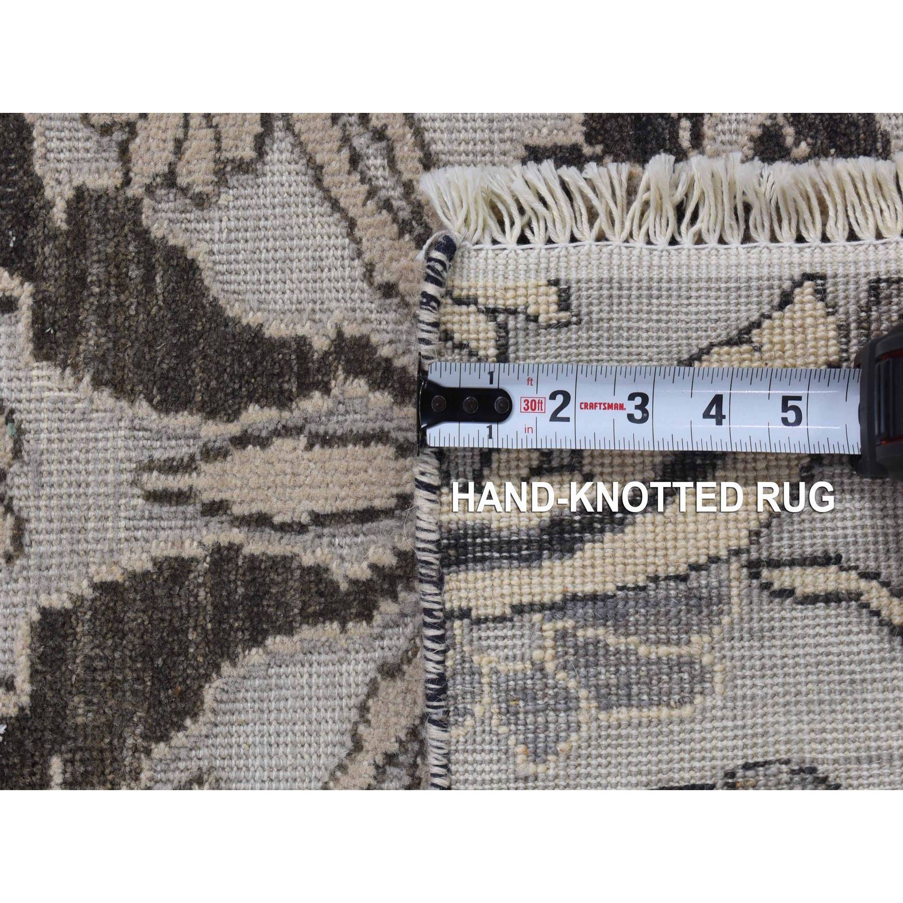 2'1"x3'1" Ivory with Chocolate Brown, 100% Wool, Hi and Lo, Oushak Design, Hand Knotted, Sample Fragment, Textured, Mat Oriental Rug Sh80377