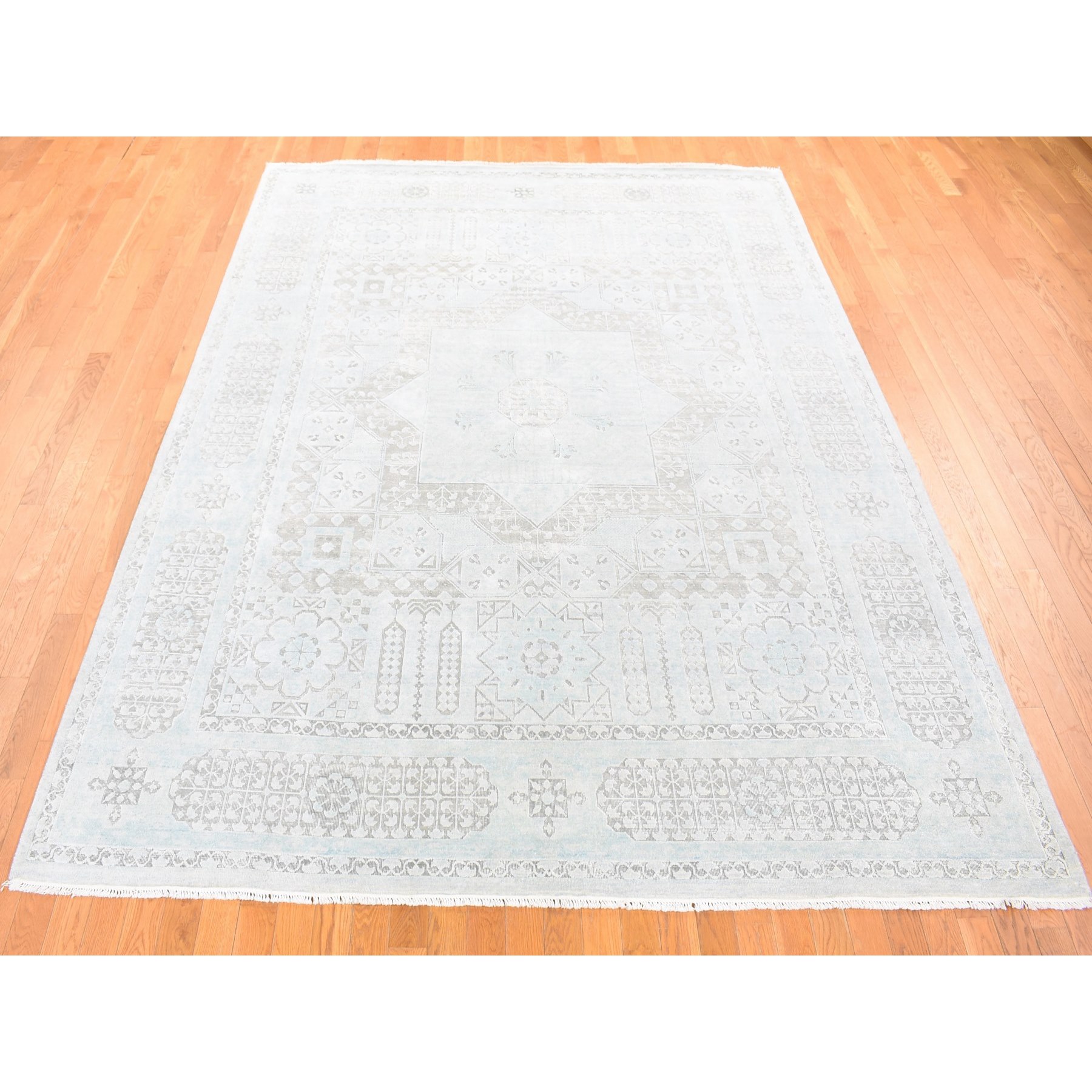 8'1"x10'5" Light Blue, Hand-Knotted, Mamluk Design, Pure Silk with Textured Wool, Oriental Rug Sh80391