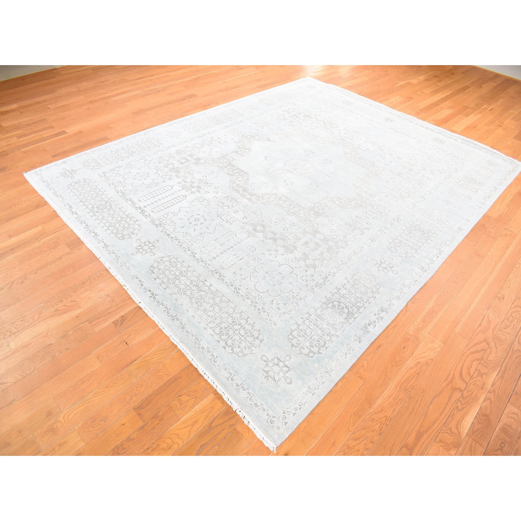8'1"x10'5" Light Blue, Hand-Knotted, Mamluk Design, Pure Silk with Textured Wool, Oriental Rug Sh80391
