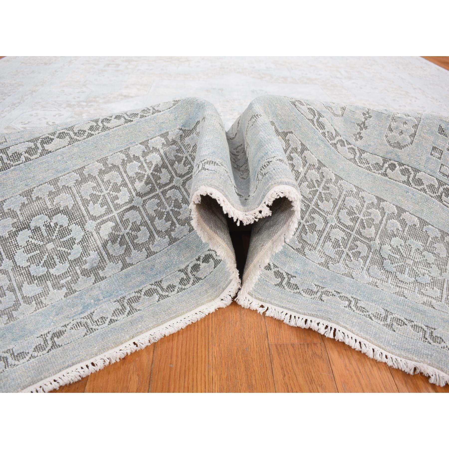 8'1"x10'5" Light Blue, Hand-Knotted, Mamluk Design, Pure Silk with Textured Wool, Oriental Rug Sh80391
